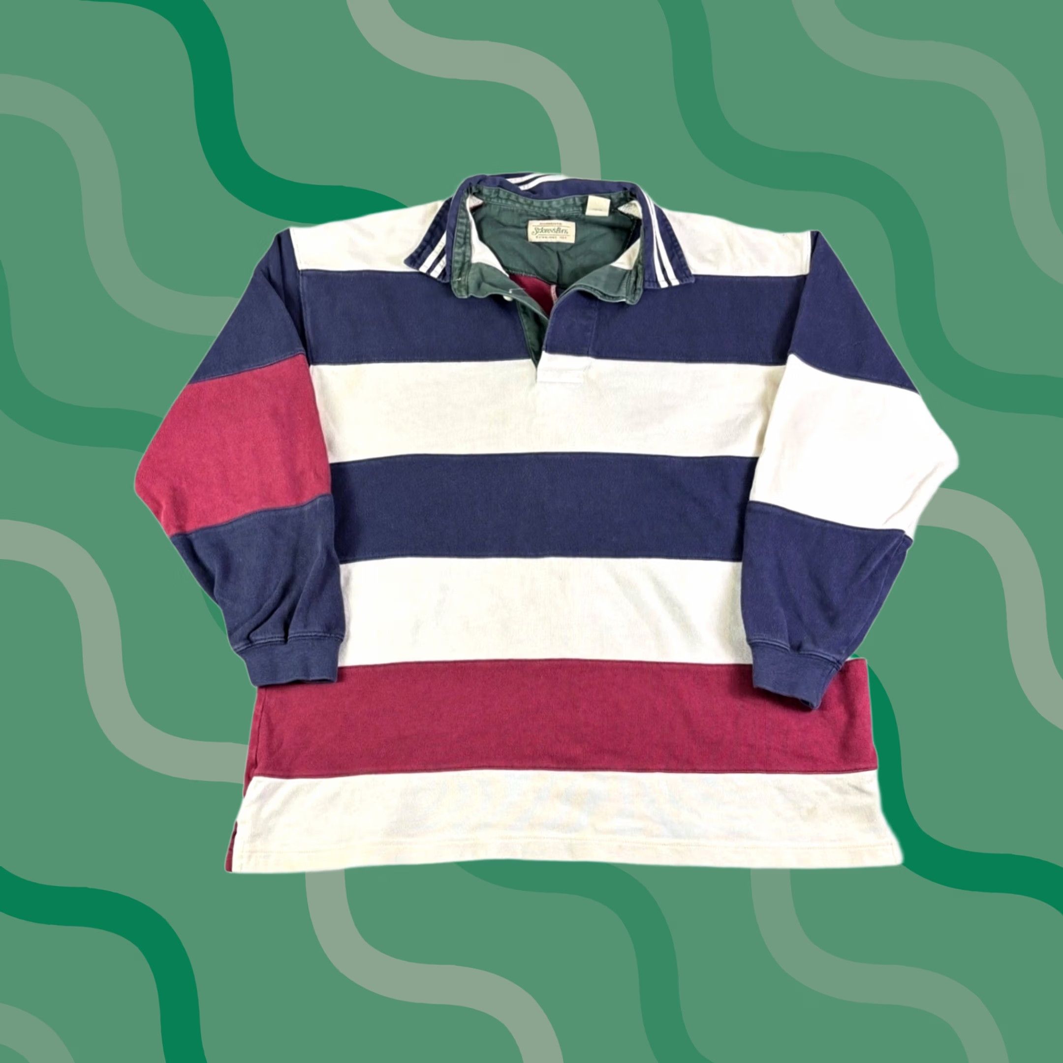 Vintage St Johns Bay Mens Large Rugby Shirt Long Sleeve Striped Navy Burgundy Cotton Shirts Size US L / EU 52-54 / 3 - 1 Thumbnail