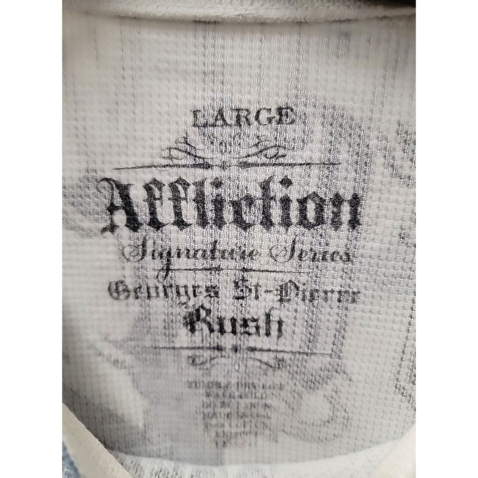 Affliction VINTAGE Affliction Shirt Mens L Thermal Knit Graphic Print Crew Neck White 20.5 Chest 30.5 Length Grunge Gothic Size US L / EU 52-54 / 3 - 2 Thumbnail