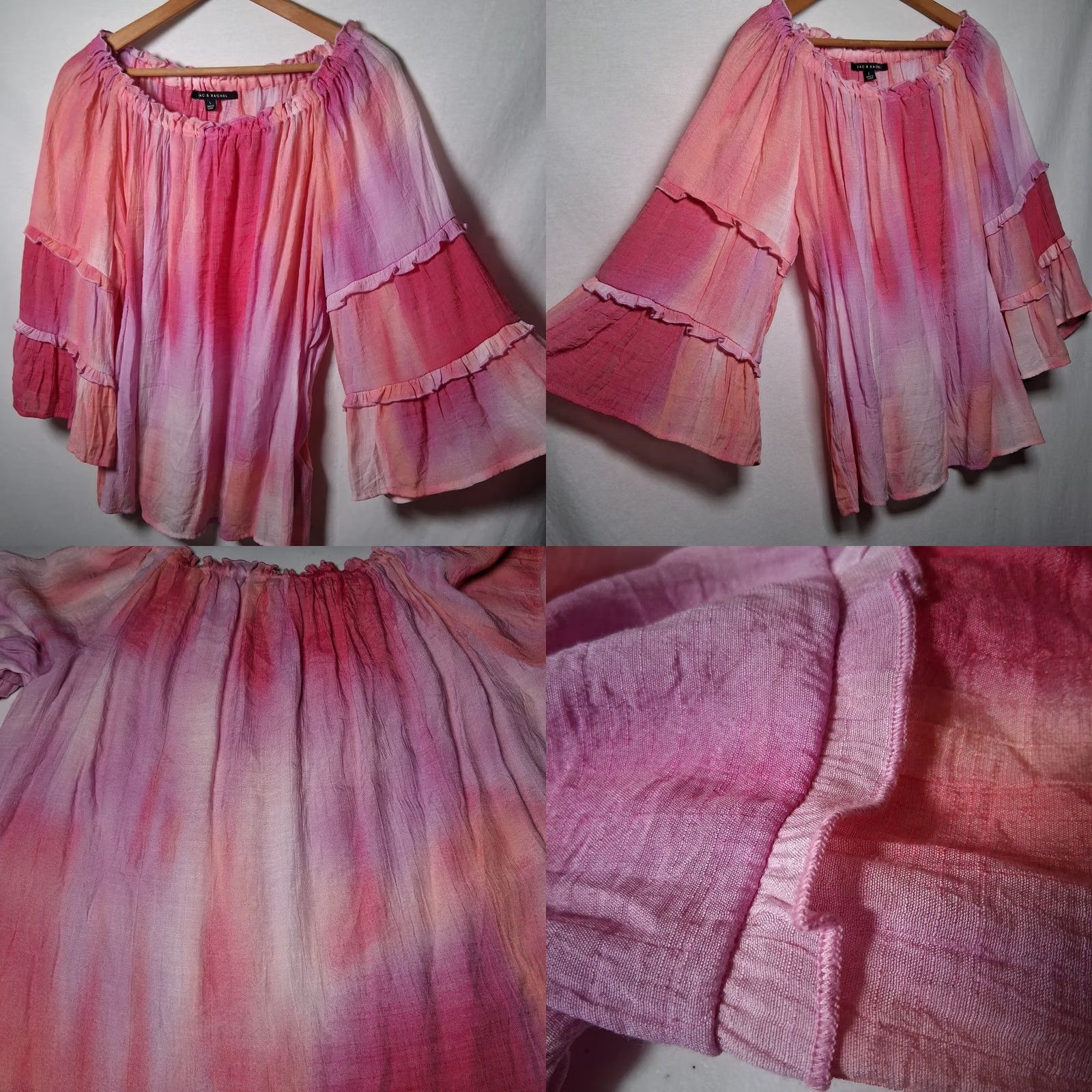 Vintage Zac & Rachel Blouse Large Pink Tie Dye Peasant Hippie Boho Off Shoulder 3/4 Sleeve Bell Sleeve Polyester Rayon Size L / US 10 / IT 46 - 9 Thumbnail