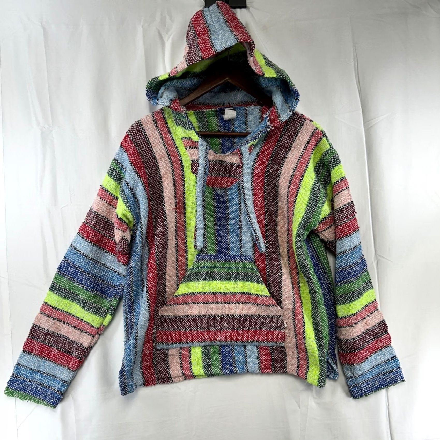 CO Earthbound Trading Co. Baja Hoodie Mens M Multicolor Striped Knit Pullover Hooded Kangaroo Pocket Jerga Boho Surf Ethnic Woven Blanket Size US M / EU 48-50 / 2 - 2 Thumbnail