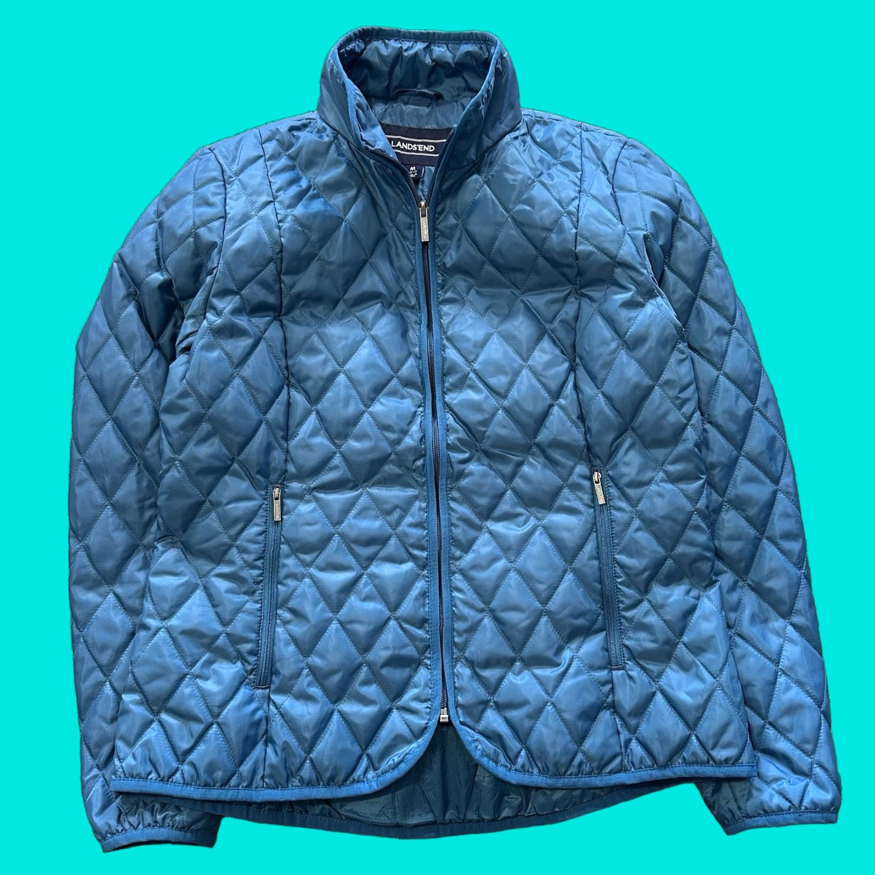 Lands' End Lands' End Jacket Womens M Quilted Full Zip Blue Teal Diamond Softshell Polyester Water Resistant Outdoor Winter Fall Spring Size M / US 6-8 / IT 42-44 - 1 Thumbnail