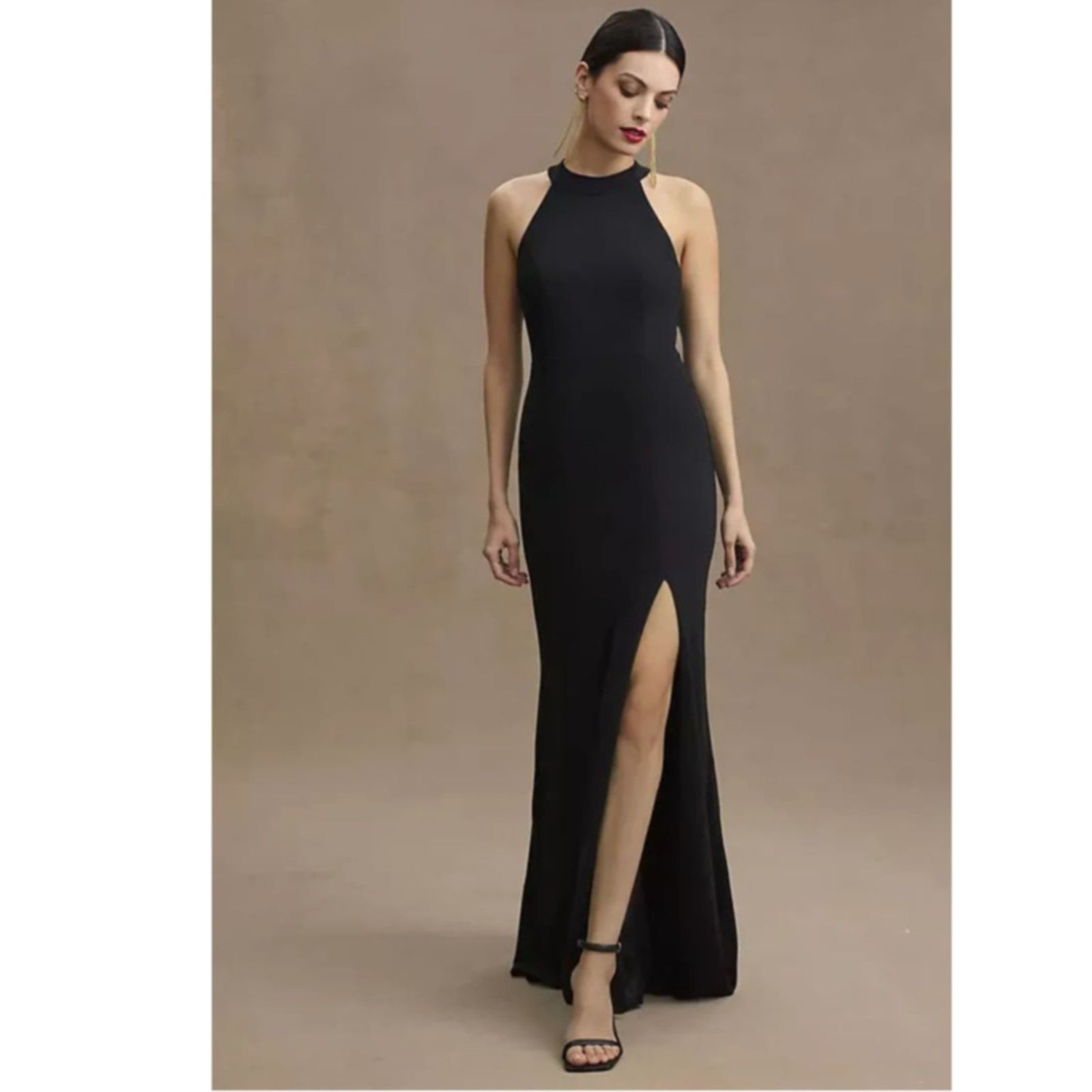 Image of Anthropologie New Bhldn Lennox Halter Open-Back Side-Slit Stretch Gown 16 in Black, Women's (Size 2