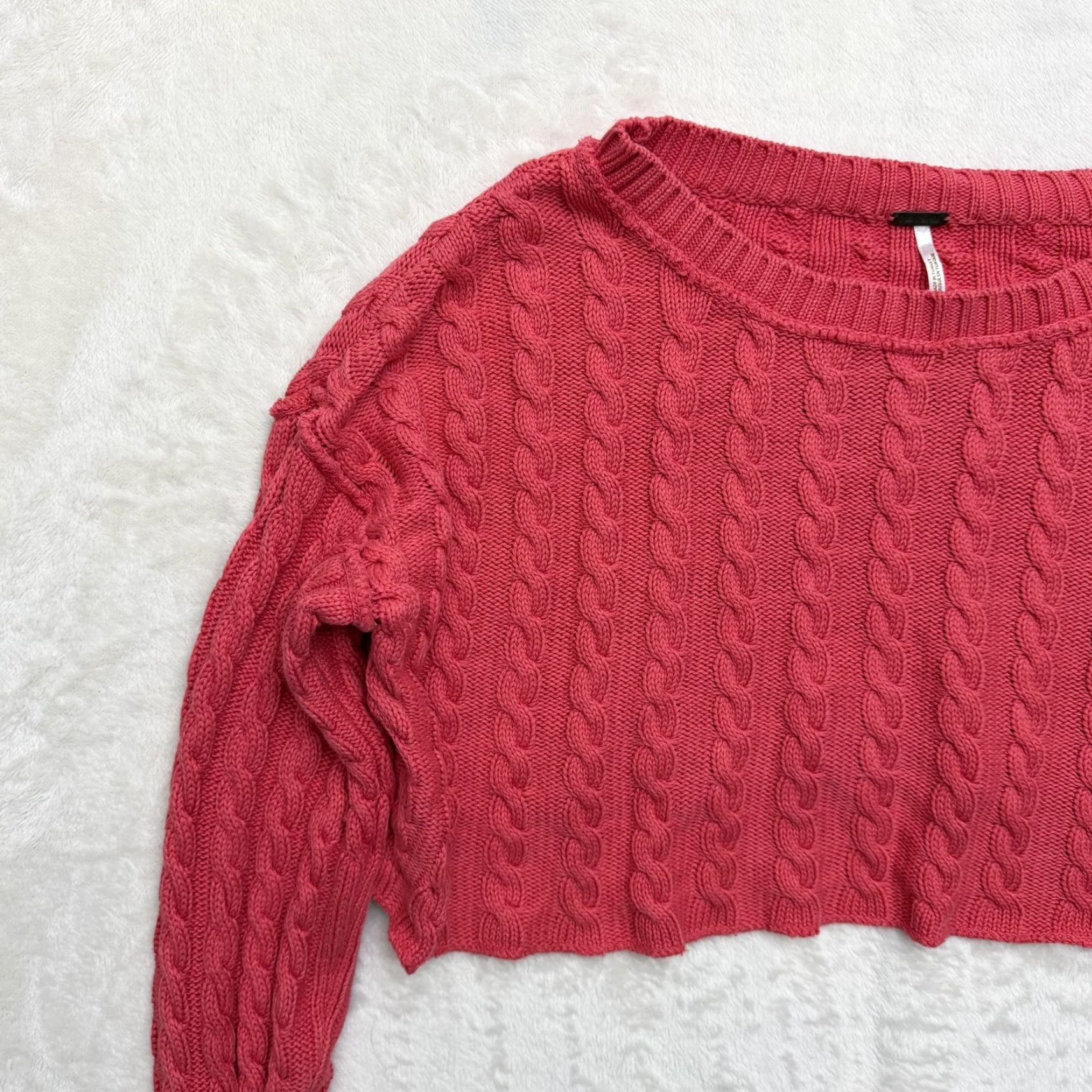 Free People VINTAGE Free People Sweater Womens Large Pink Cable Knit Cropped Crewneck Pullover Size L / US 10 / IT 46 - 5 Thumbnail