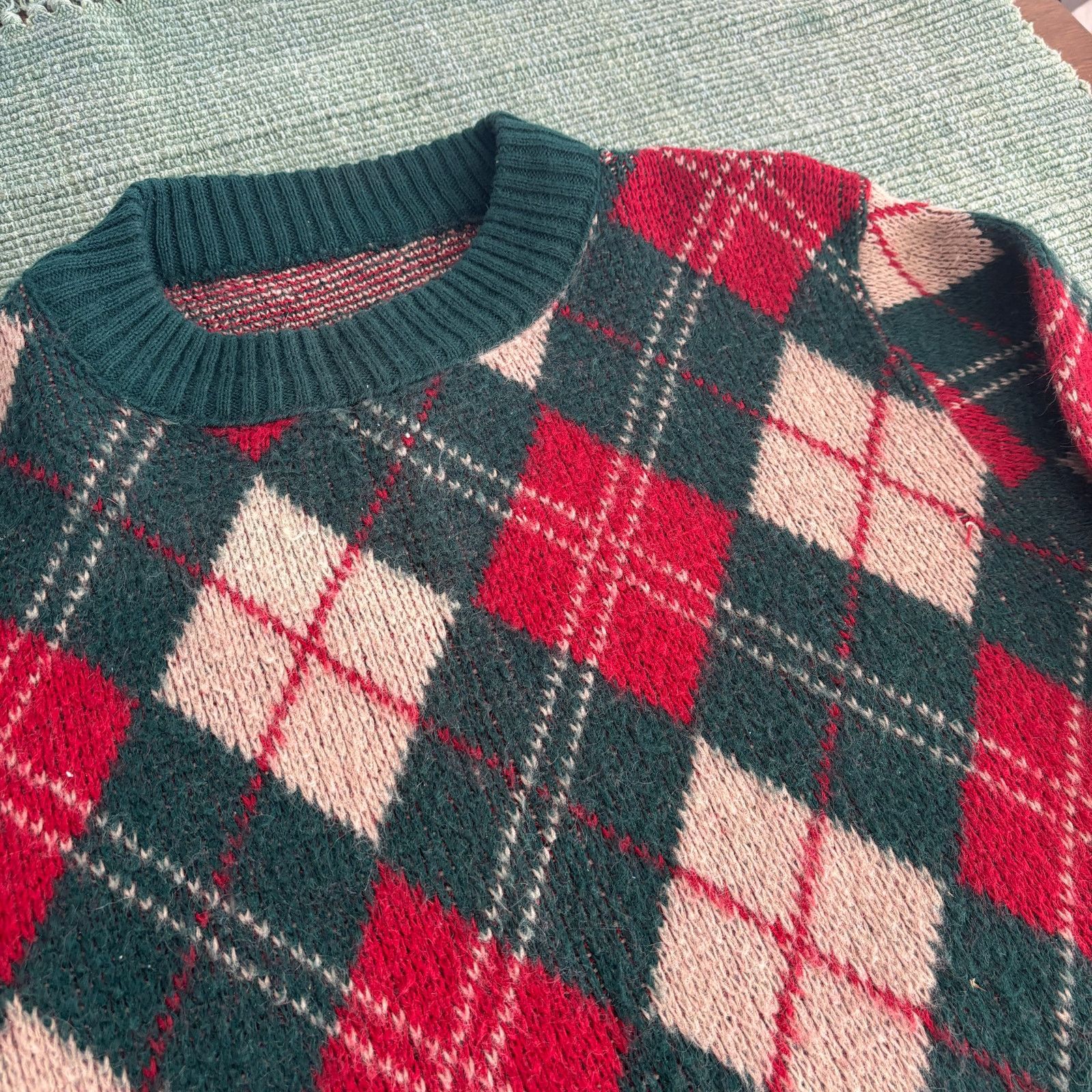 Vintage Vintage fuzzy argyle green and red sweater size mens large Size US L / EU 52-54 / 3 - 5 Thumbnail