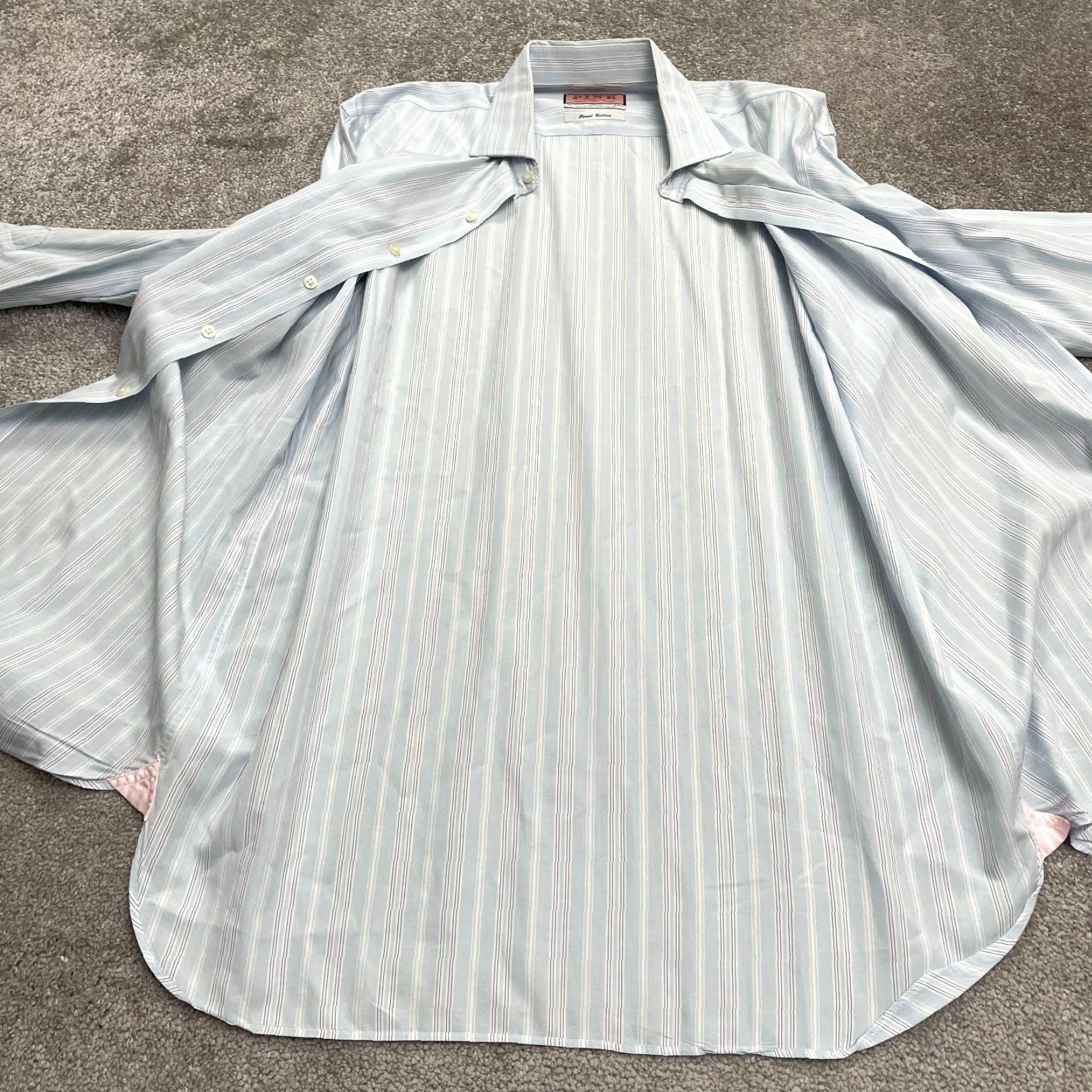 Pinko Thomas Pink Dress Shirt Mens 16 34.5 Blue Striped Jermyn Street Finest Cotton Button-Down Collar 16 in Neck French Cuff Regular Size 34R - 3 Thumbnail