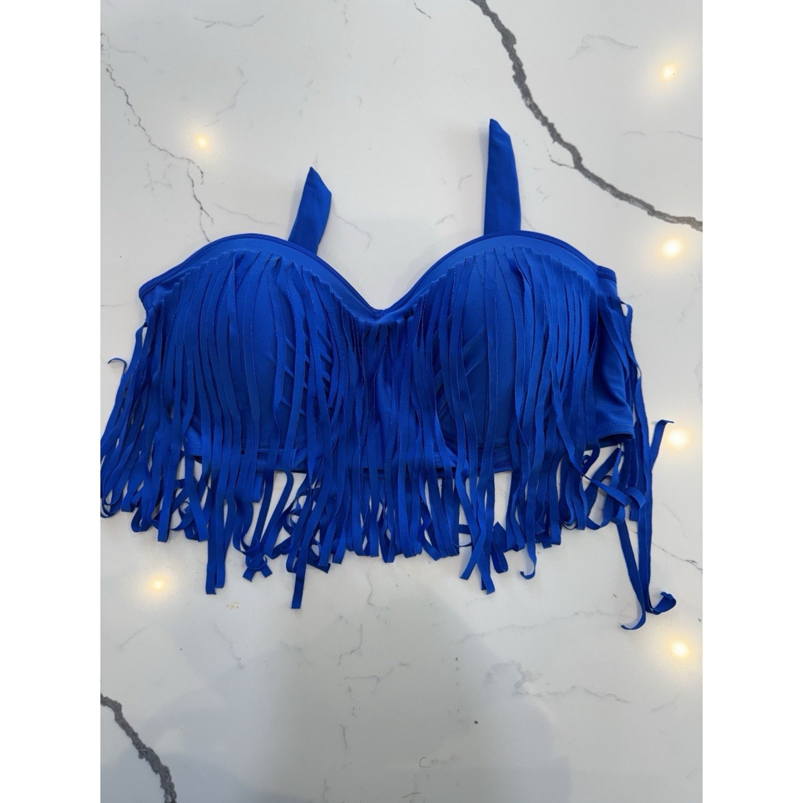 Other Royal Blue Fringe Bikini Set High Waisted Halter Top size L Size ONE SIZE - 4 Thumbnail