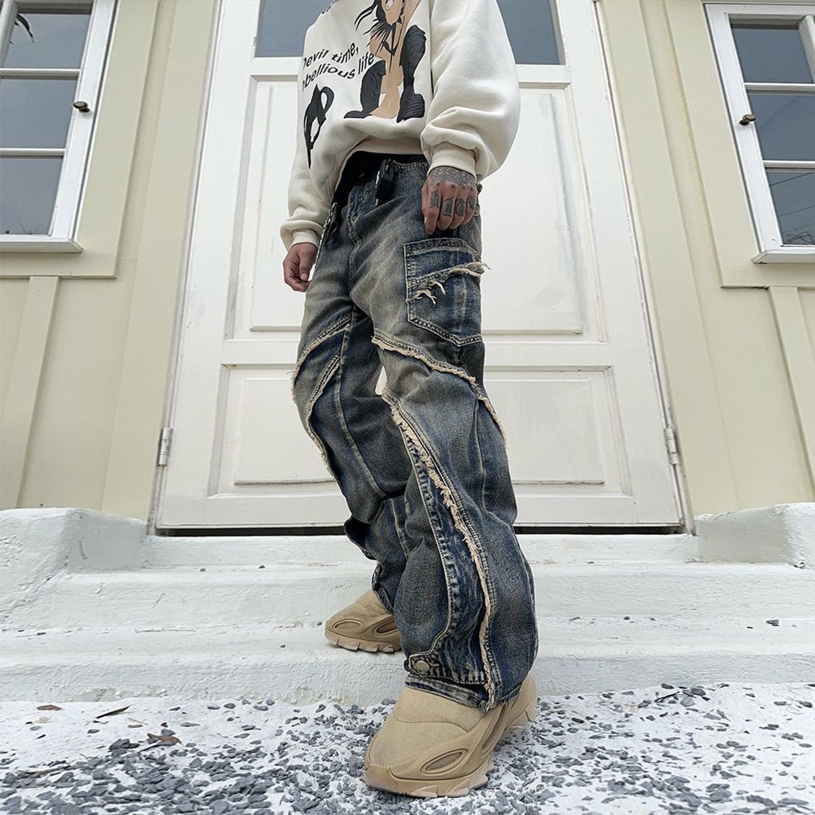 Jean × Vintage Loose Fit Micro Flare Jeans – Tassel, Niche Streetwear Size US 32 / EU 48 - 3 Thumbnail