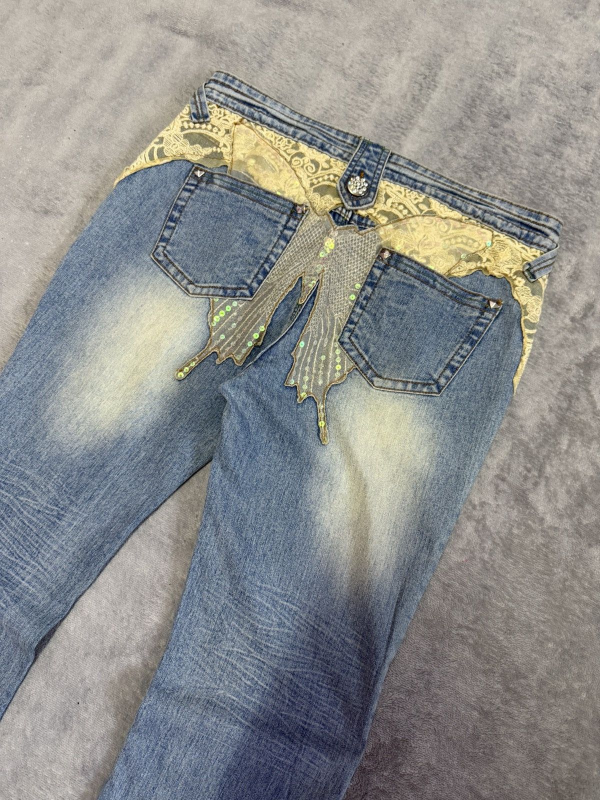 Japanese Brand × Vintage Embellished Butterfly Studded Rhinestone Flared Jeans Size 29" - 3 Thumbnail