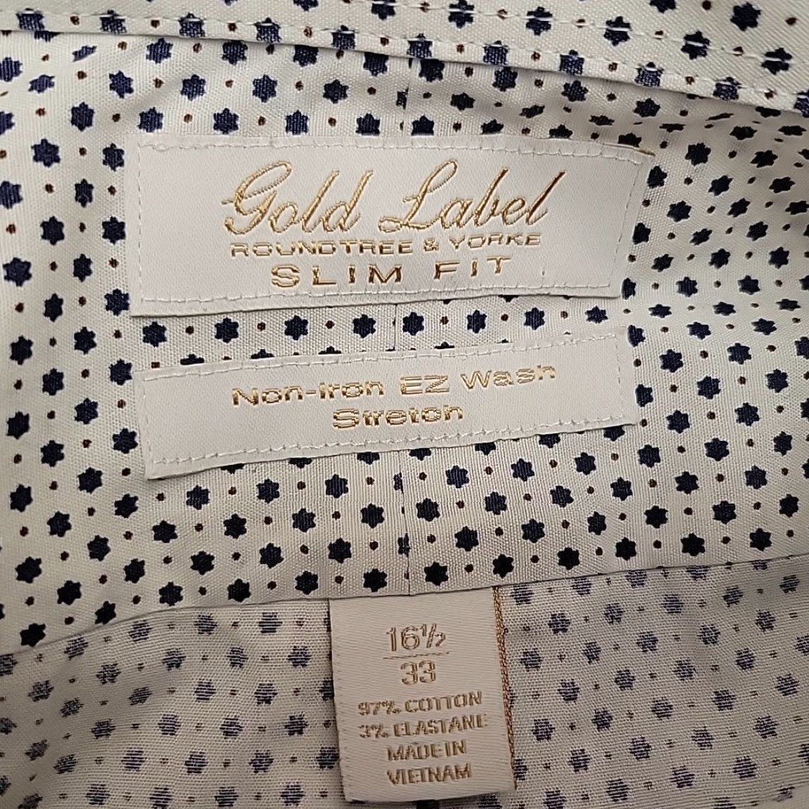 Roundtree & Yorke Gold Label Shirt Mens 16.5 33 Blue Geometric Non Iron Performance Stretch Blend Shirt Size US XL / EU 56 / 4 - 6 Thumbnail
