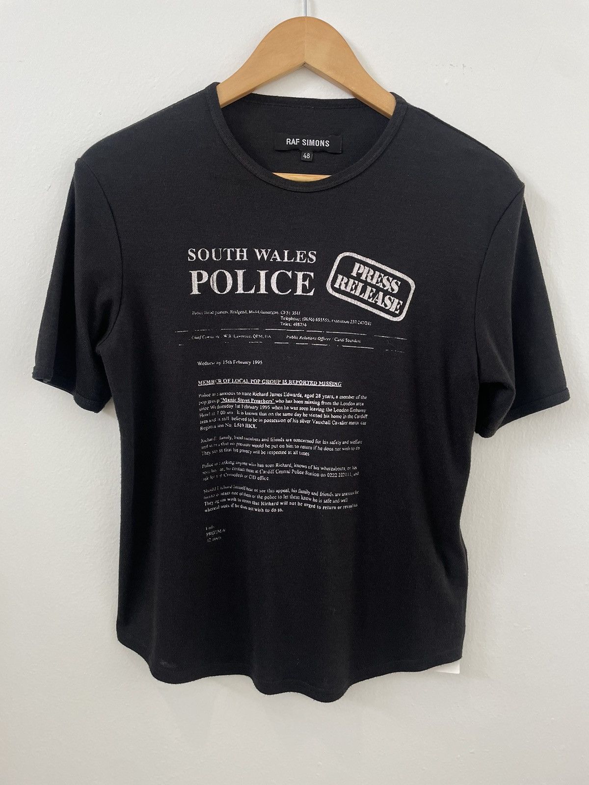 image of Raf Simons Fw01 “South Wales Police” Tee in Black, Men's (Size Medium)