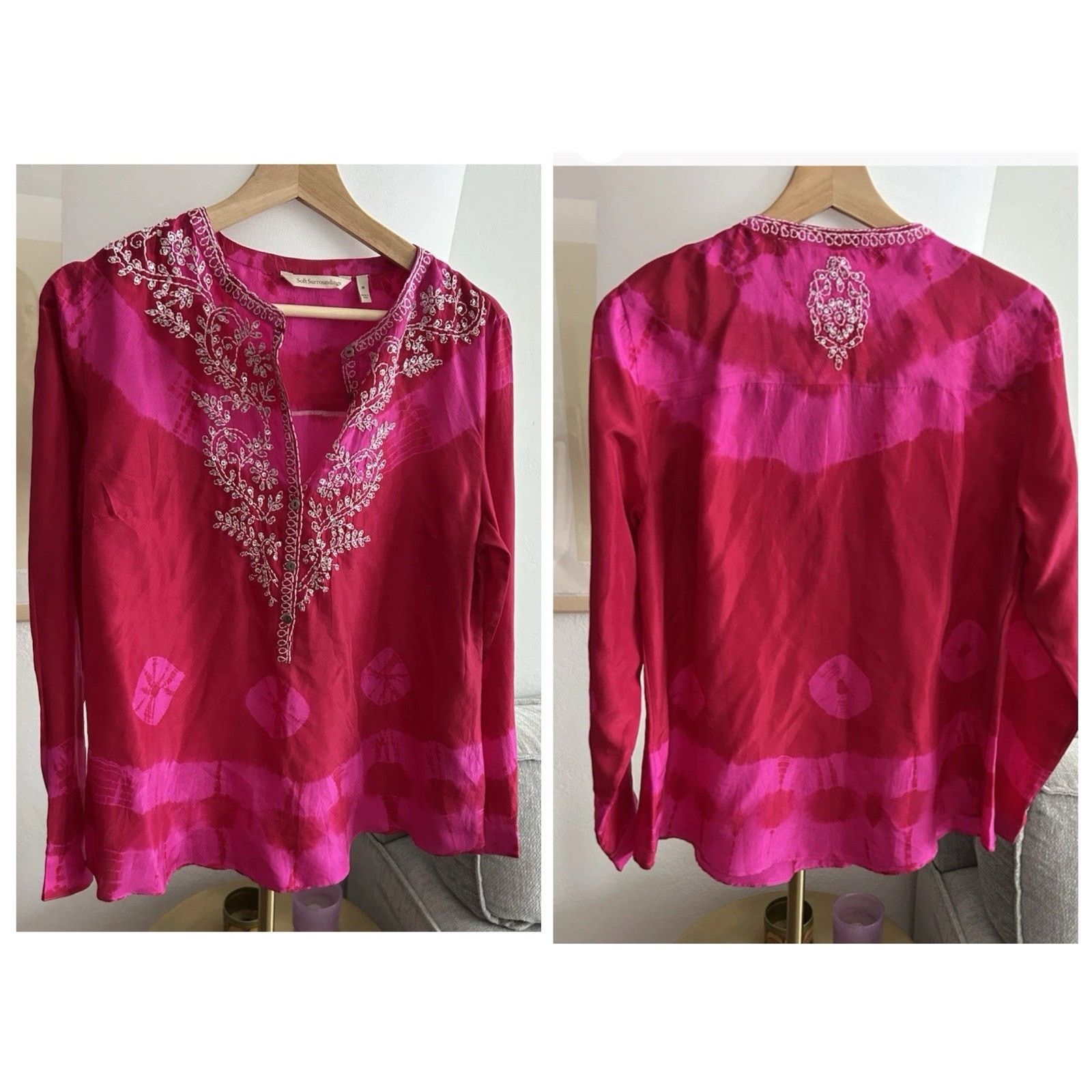 Soft Surroundings SOFT SURROUNDINGS Silk Pink Tie Dye Tunic M Boho Embrodery Size M / US 6-8 / IT 42-44 - 1 Thumbnail