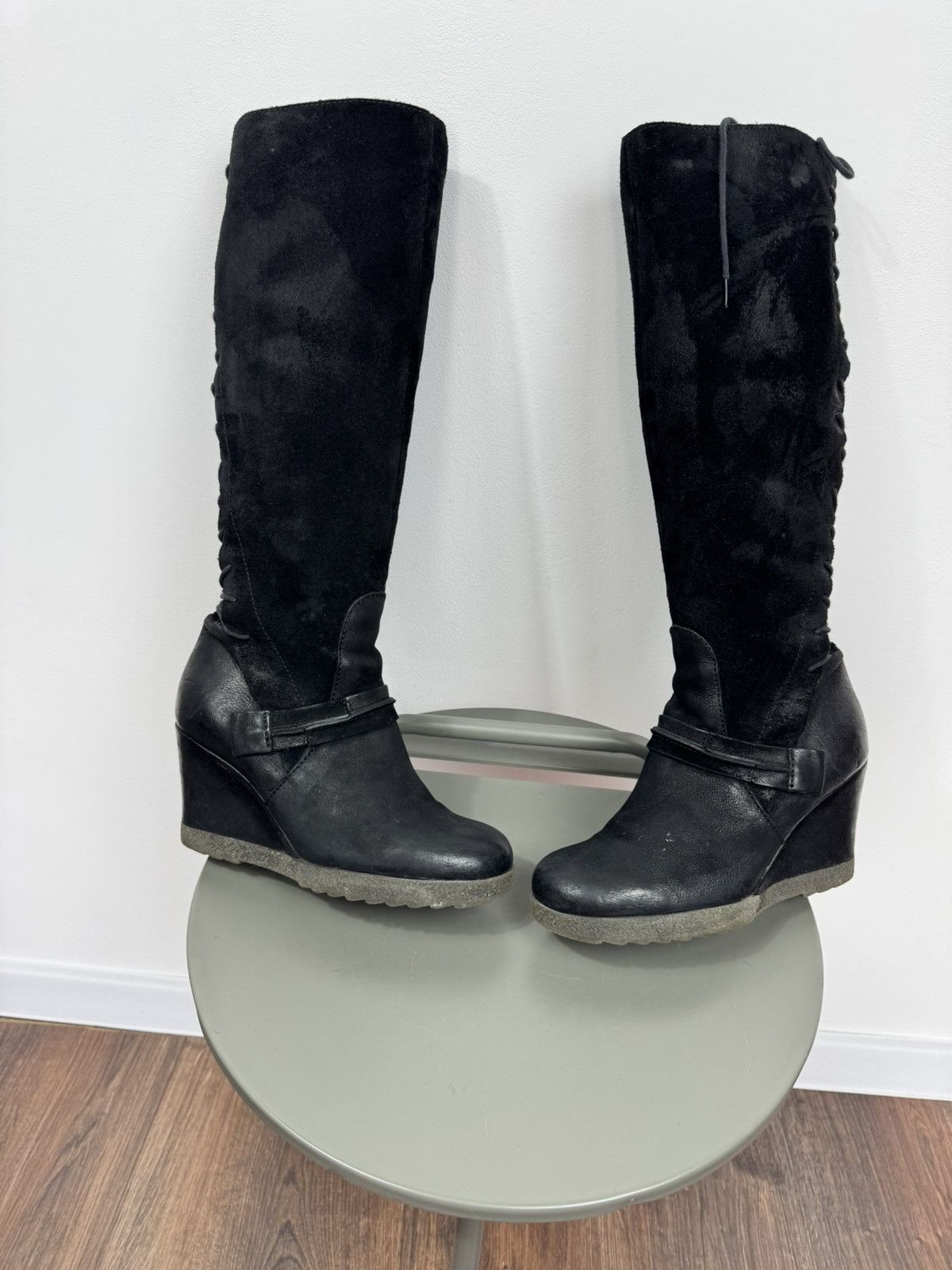 Other Vintage Black Wedge Knee High Boots Back Lace Up Suede EU 38 Size US 7 / IT 37 - 4 Thumbnail