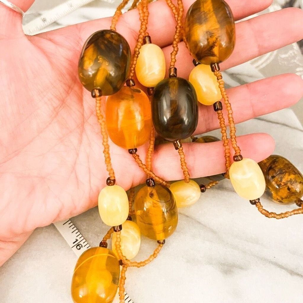 Jewelry Chunky Amber Acrylic Bead Necklace 2 Strand Layered Brown Size ONE SIZE - 5 Thumbnail