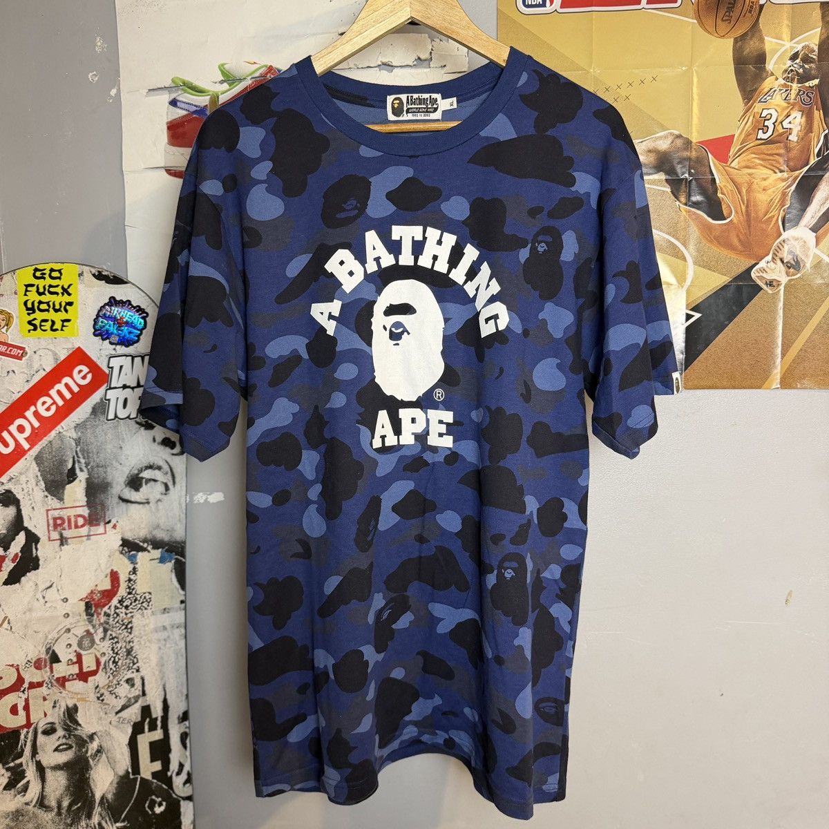 Bape Blue bape 1st camo college logo t shirt Size US XL / EU 56 / 4 - 1 Thumbnail