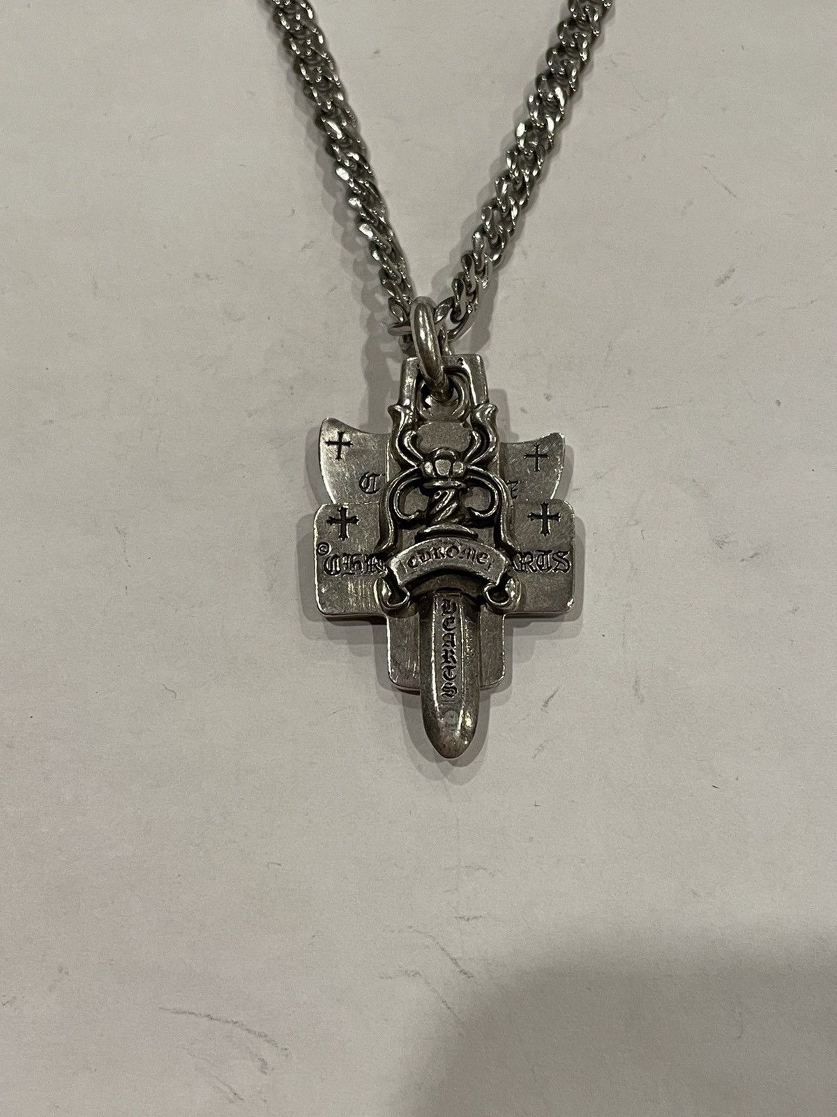 image of Chrome Hearts 3 Trinkets Dagger Pendant Cuban Chain Necklace in Silver, Men's