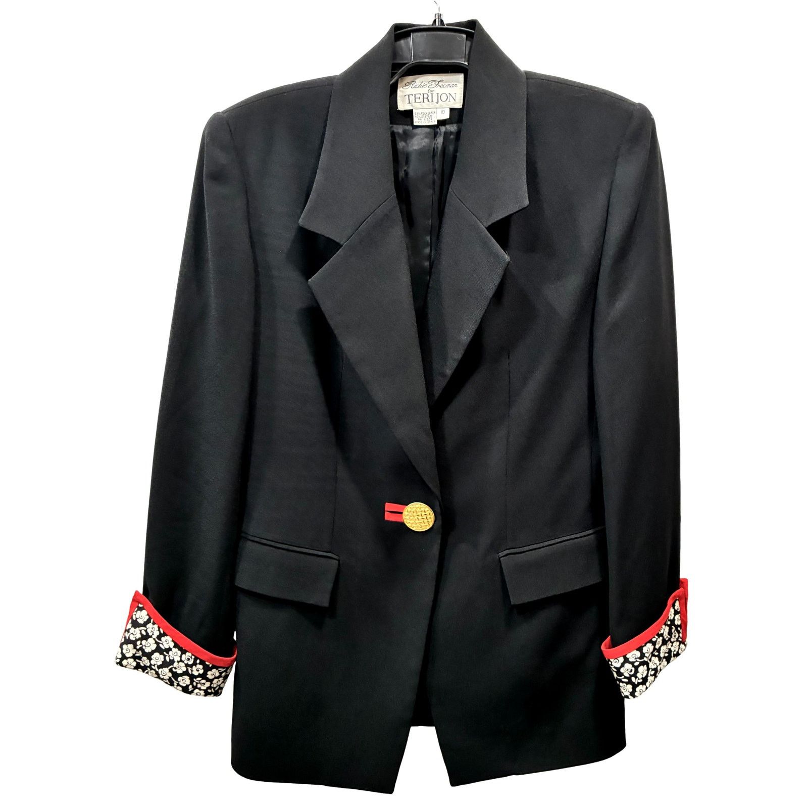 Vintage 90s Statment Blazer Black Red Trim Gold Button Floral Cuffs Size M / US 6-8 / IT 42-44 - 3 Thumbnail