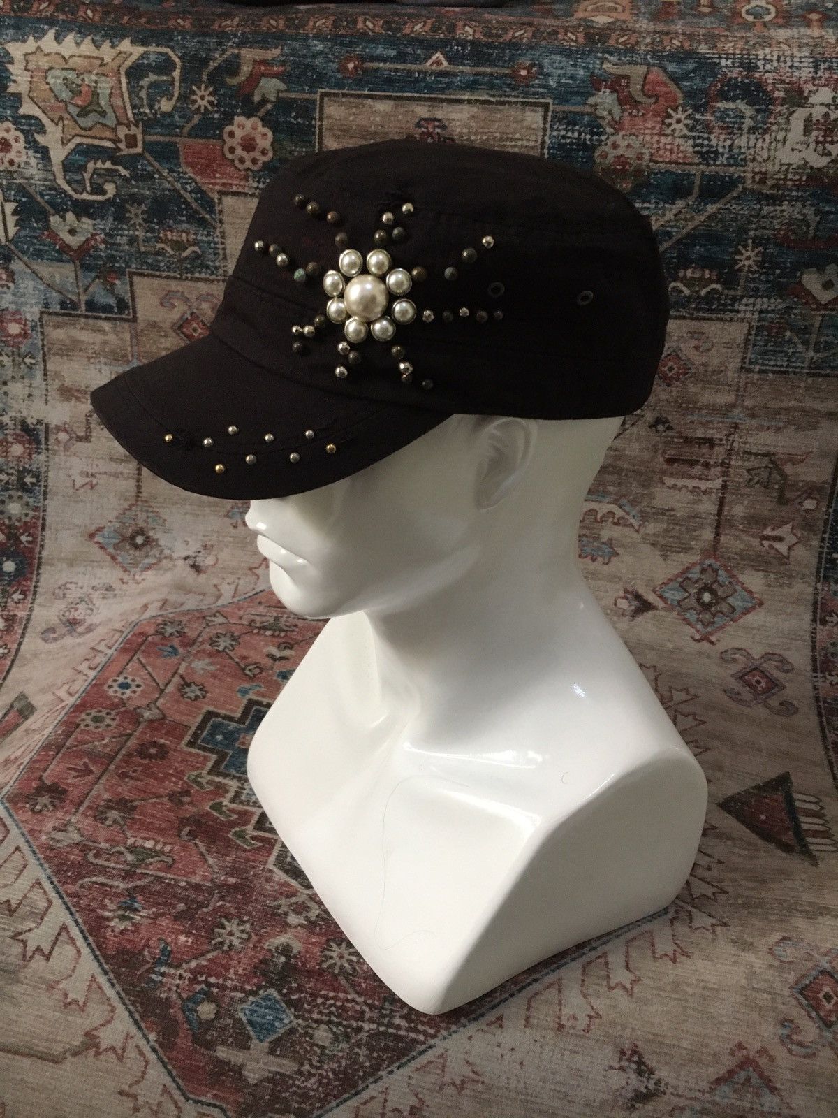 If Six Was Nine × Japanese Brand × Le Grande Bleu (L.G.B.) Black Pearl Studded Patrol Cap Size ONE SIZE - 1 Thumbnail