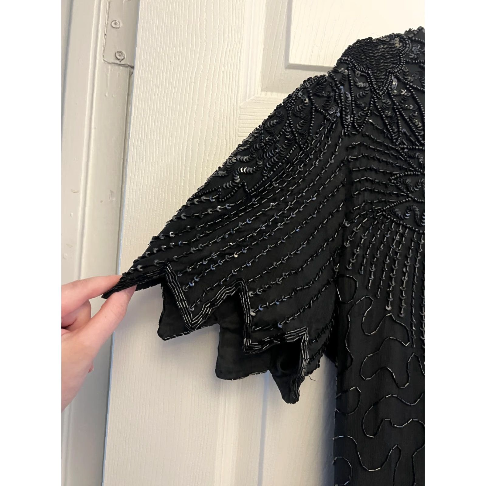Vintage VINTAGE Denise Elle Dress Womens Large Silk Beaded Midi Scalloped 90s Elegant Black Silk Beaded Dress Size L / US 10 / IT 46 - 5 Thumbnail