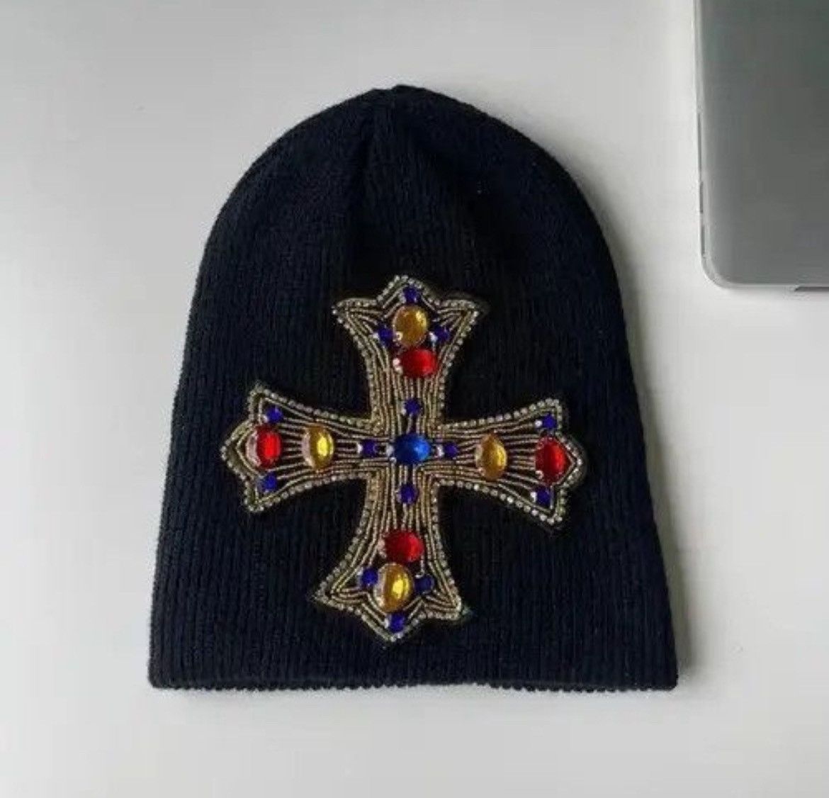 Japanese Brand Outdoor retro huge rhinestone cross knitted beanie hat Size ONE SIZE - 1 Thumbnail