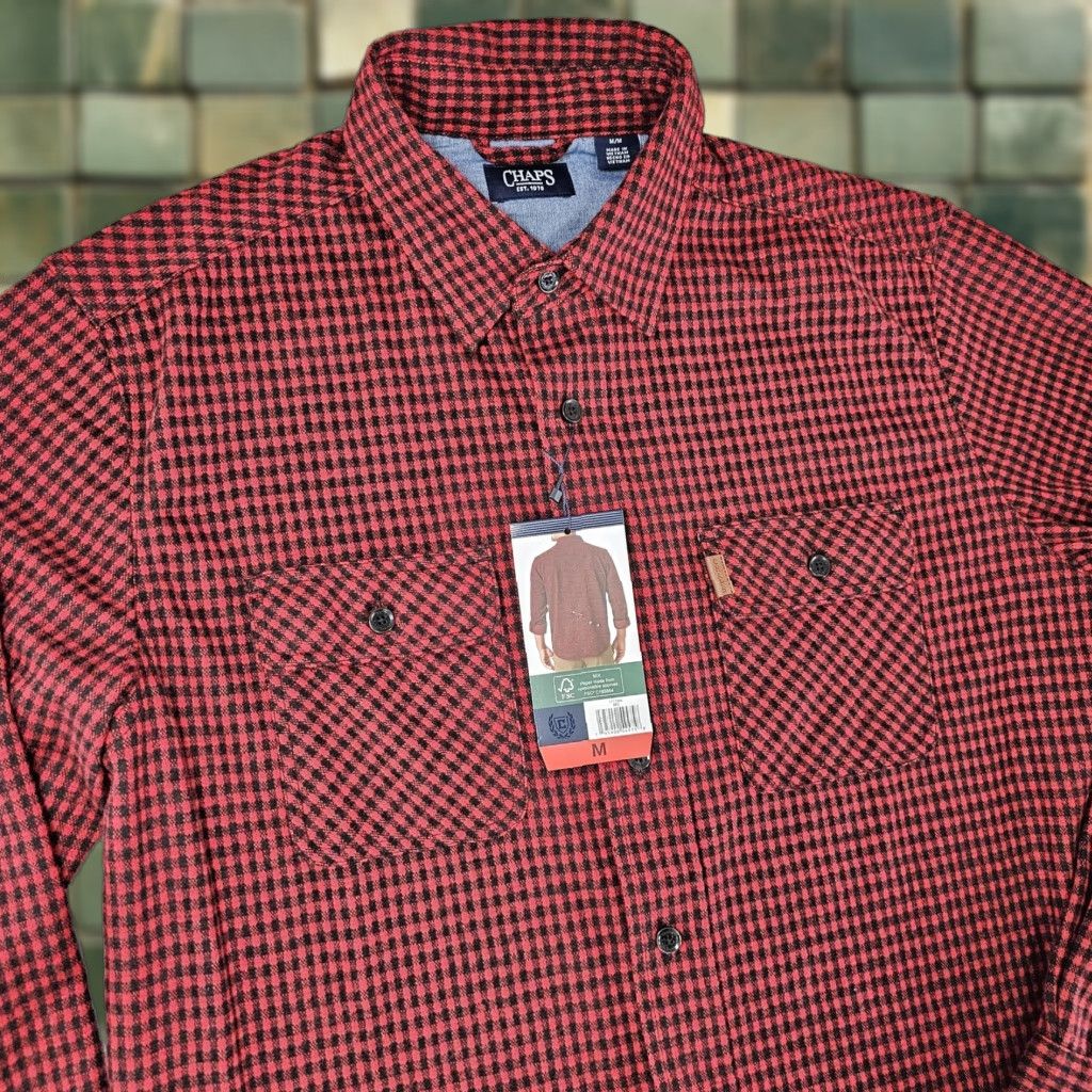 Chaps Chaps Mens Medium Red Black Lakeland Knit Plaid Button-Down Long Sleeve Shirt Size US M / EU 48-50 / 2 - 1 Thumbnail