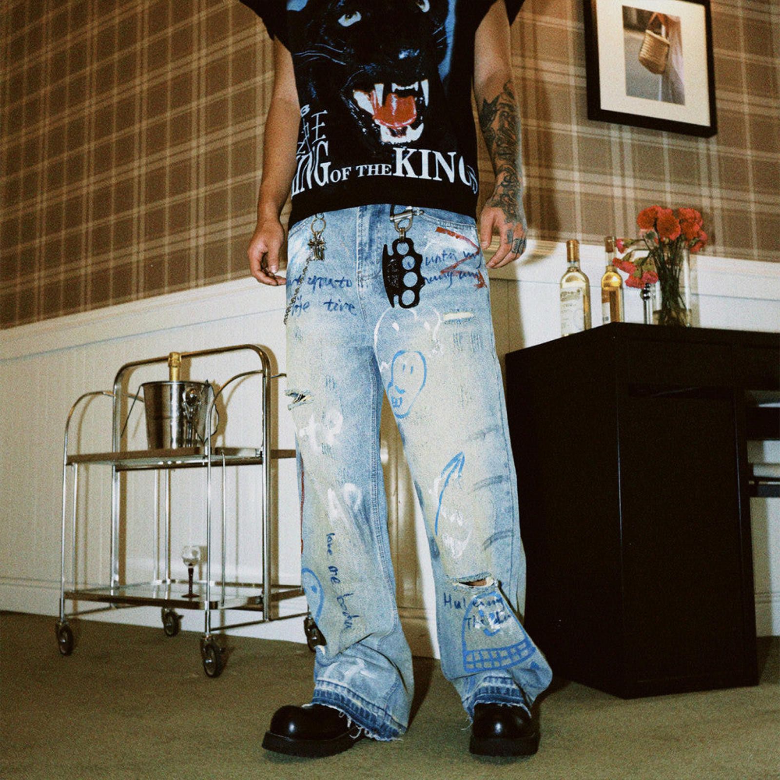 Other Graffiti Distressed Graphic Wide Leg Denim Jeans Size US 30 / EU 46 - 3 Thumbnail