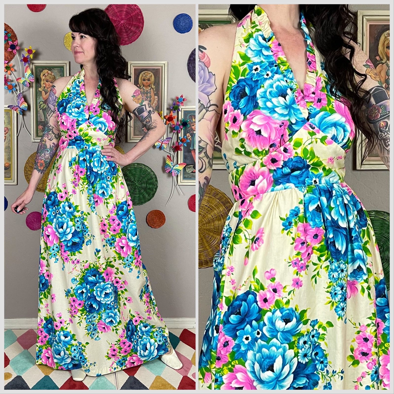 1970s Pink & Blue Floral Cotton Open Back Halter Maxi Dress