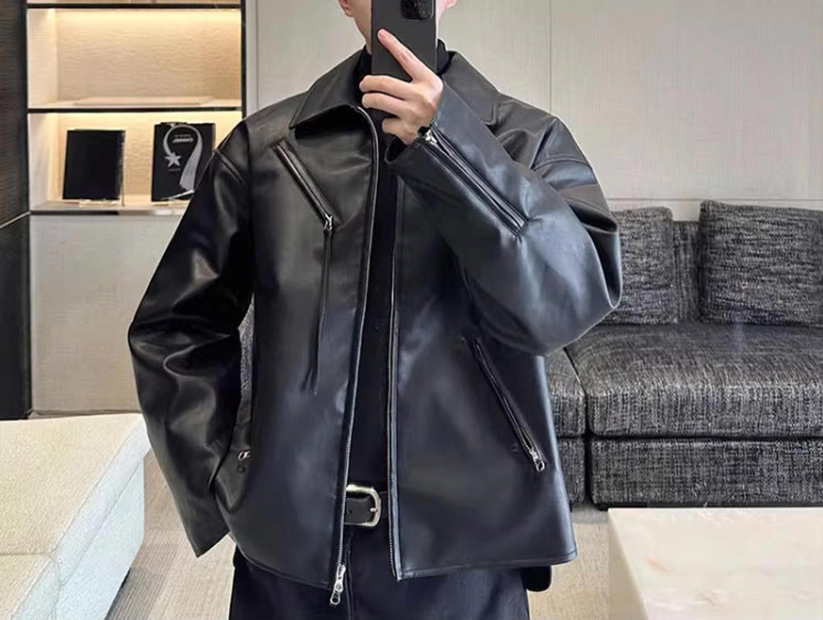 Leather Black Oversized Leather Jacket, Men's Zip-Up Outerwear Size US M / EU 48-50 / 2 - 4 Thumbnail