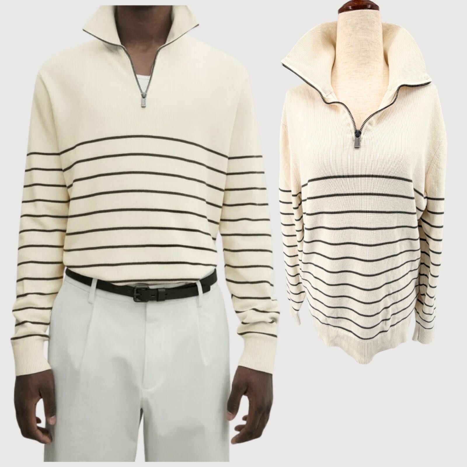 Massimo Dutti Massimo Dutti Zip Sweater Cream Striped Cotton L Size US L / EU 52-54 / 3 - 1 Thumbnail