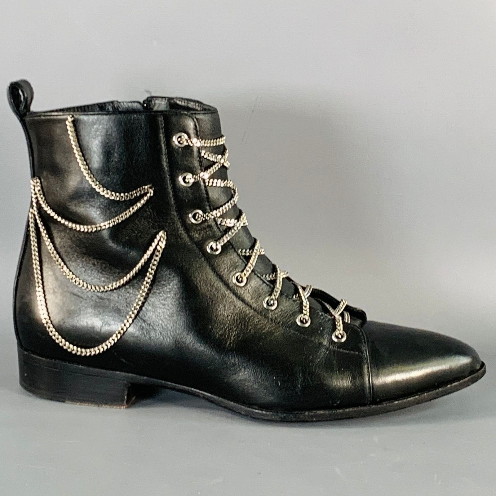 Giuseppe Zanotti GIUSEPPE ZANOTTI Black Leather Chain Side Zipper Ankle Boots Size US 5 / IT 35 - 2 Thumbnail