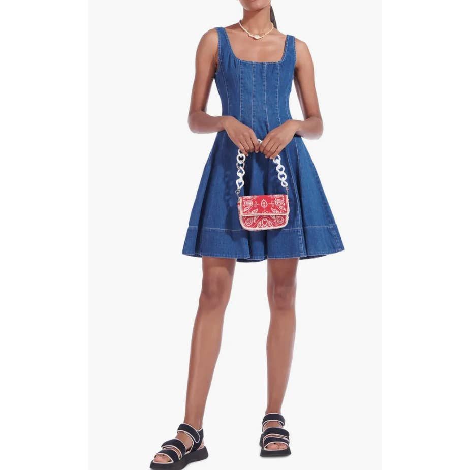 image of Staud Wells Denim Fit Flare Skater Mini Dress 00 Medium Wash in Blue, Women's (Size 2XS)