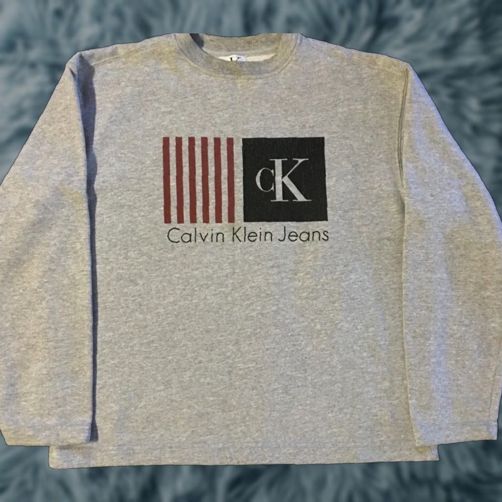 Vintage VINTAGE 90s Calvin Klein Jeans Faded Flag Sweatshirt Hoodie L Gray USA Size US L / EU 52-54 / 3 - 1 Thumbnail
