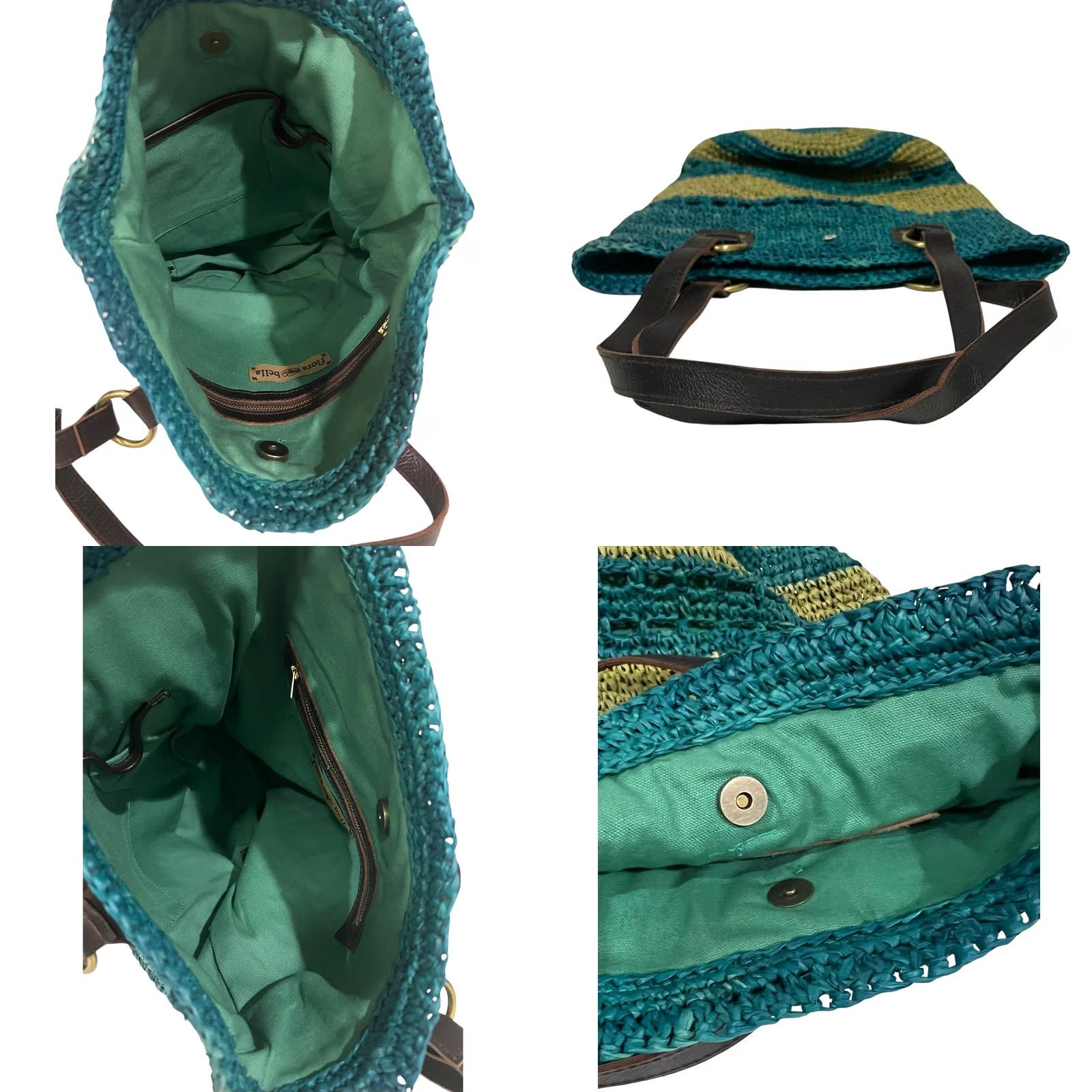 Vintage Flora Bella Raffia Straw Crochet Beach Market Bag Purse Tote Shoulder Bag Blue Leather Straps Women Size ONE SIZE - 8 Thumbnail