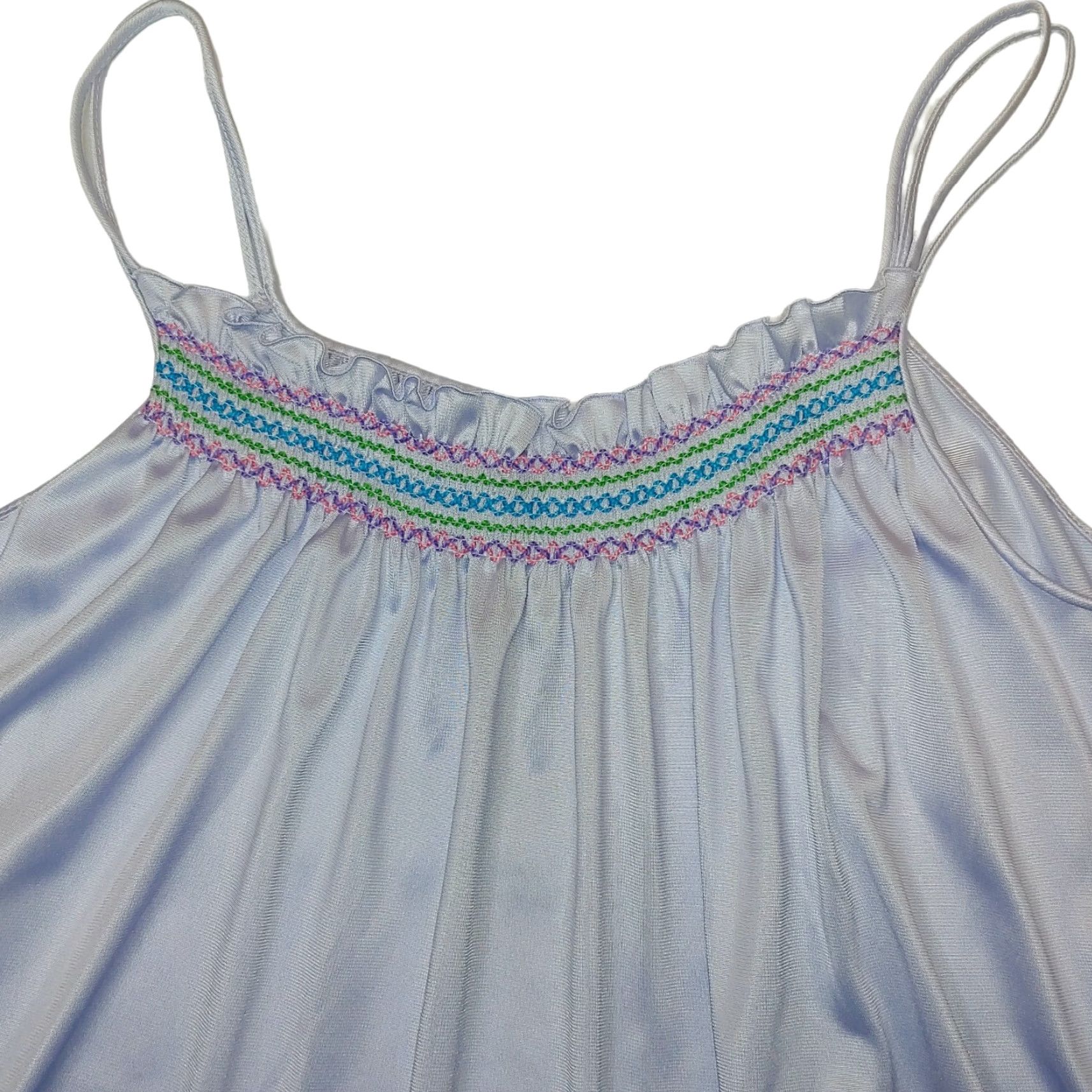 Vintage VANITY FAIR Nightgown Sleeveless Spaghetti Strap Gown Medium Blue Nylon Vintage Women Smocked Sleepswear Size ONE SIZE - 3 Thumbnail