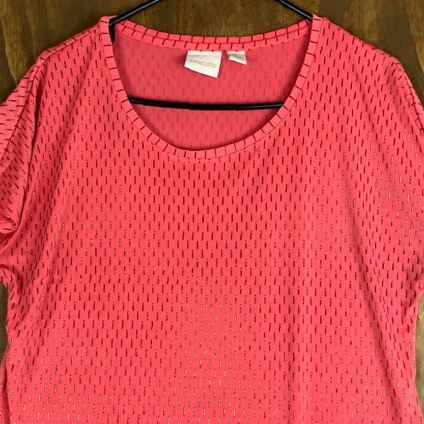 Vintage Chicos Women Blouse Coral Gold Beaded Short Sleeve Round Neck Stretch 1 (M) Size M / US 6-8 / IT 42-44 - 2 Thumbnail