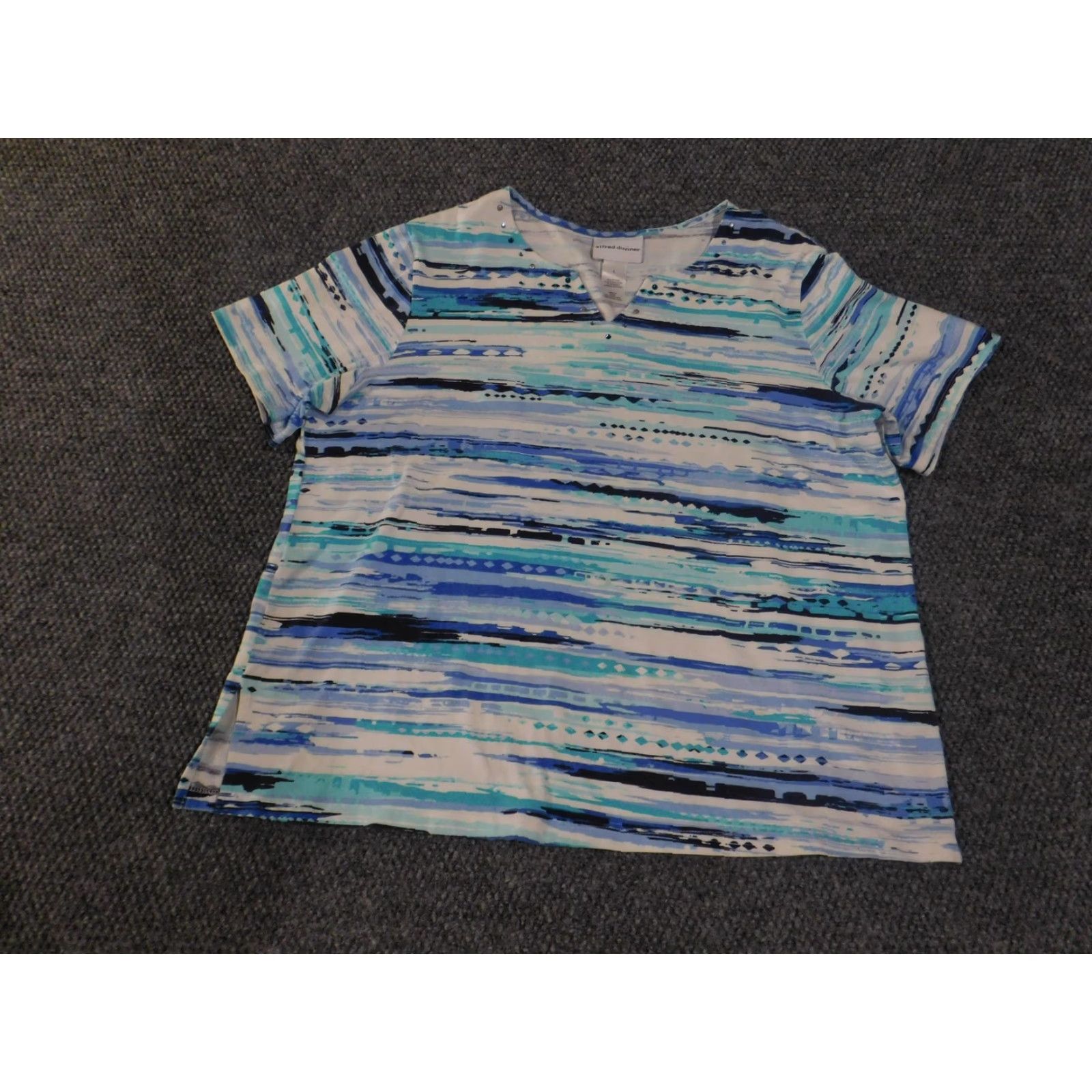 Vintage Alfred Dunner Shirt Womens Large Blue Abstract Stripe Short Sleeve Rhinestone Size L / US 10 / IT 46 - 2 Thumbnail