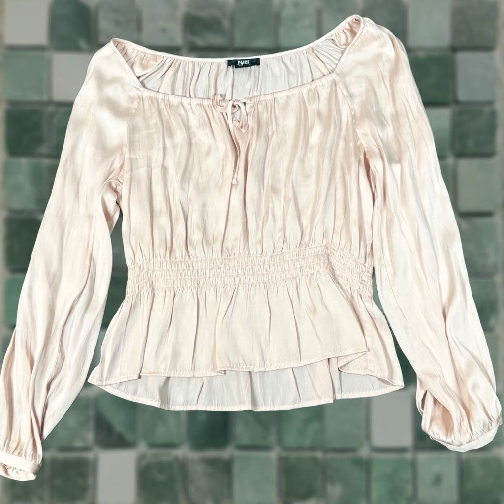 Paige VINTAGE PAIGE Odalynn Satin Blouse Large Smocked Bodice Peplum Square Neck Boho Peasant Size L / US 10 / IT 46 - 1 Thumbnail