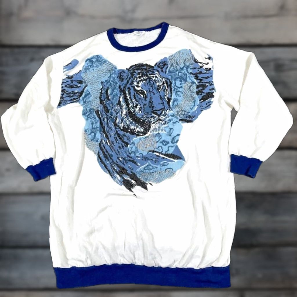 Vintage Vintage 90s Tiger Collage Print Ringer Sweatshirt Women's XL White Blue Retro Casual Activewear Size XL / US 12-14 / IT 48-50 - 1 Thumbnail