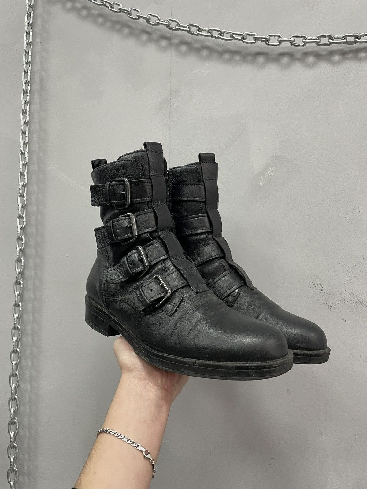 Rare leather moto belted straps boots Guidi style y2k