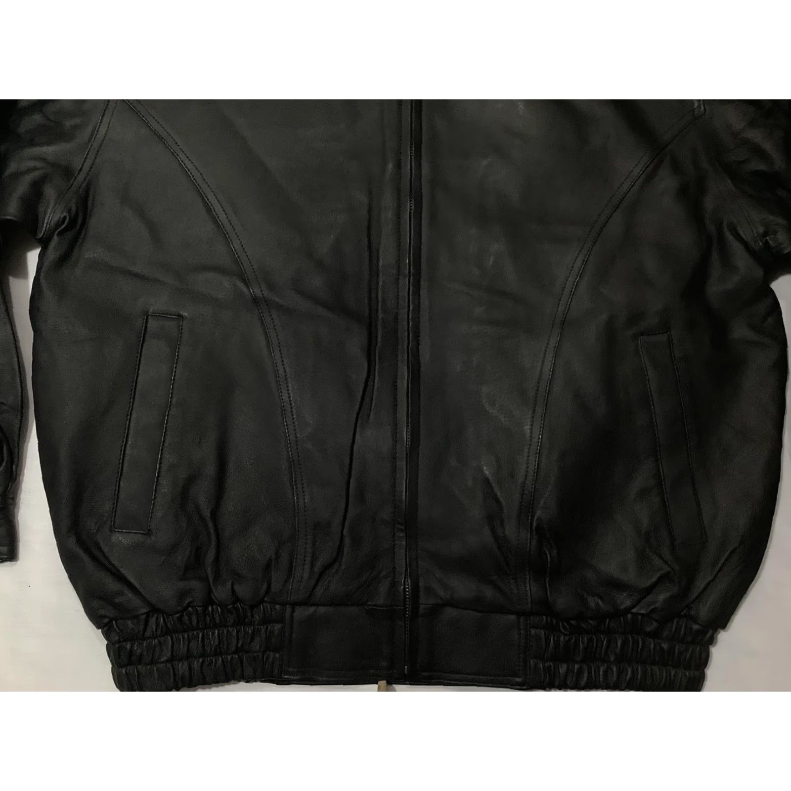Vintage Ferugini Bomber Jacket Mens Small Black Genuine Leather Back Patch US Army Embroidered Zipper Full Zip Lined Pockets Elastic Waist Army USA Theme Size US S / EU 44-46 / 1 - 5 Thumbnail