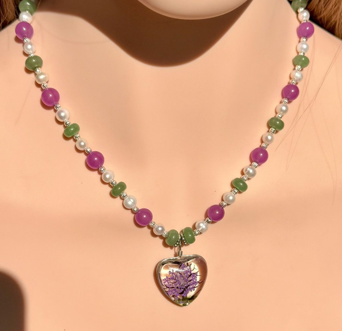 Other Pearl, Jade, Aventurine Handmade Beaded Necklace w Heart Size ONE SIZE - 7 Thumbnail