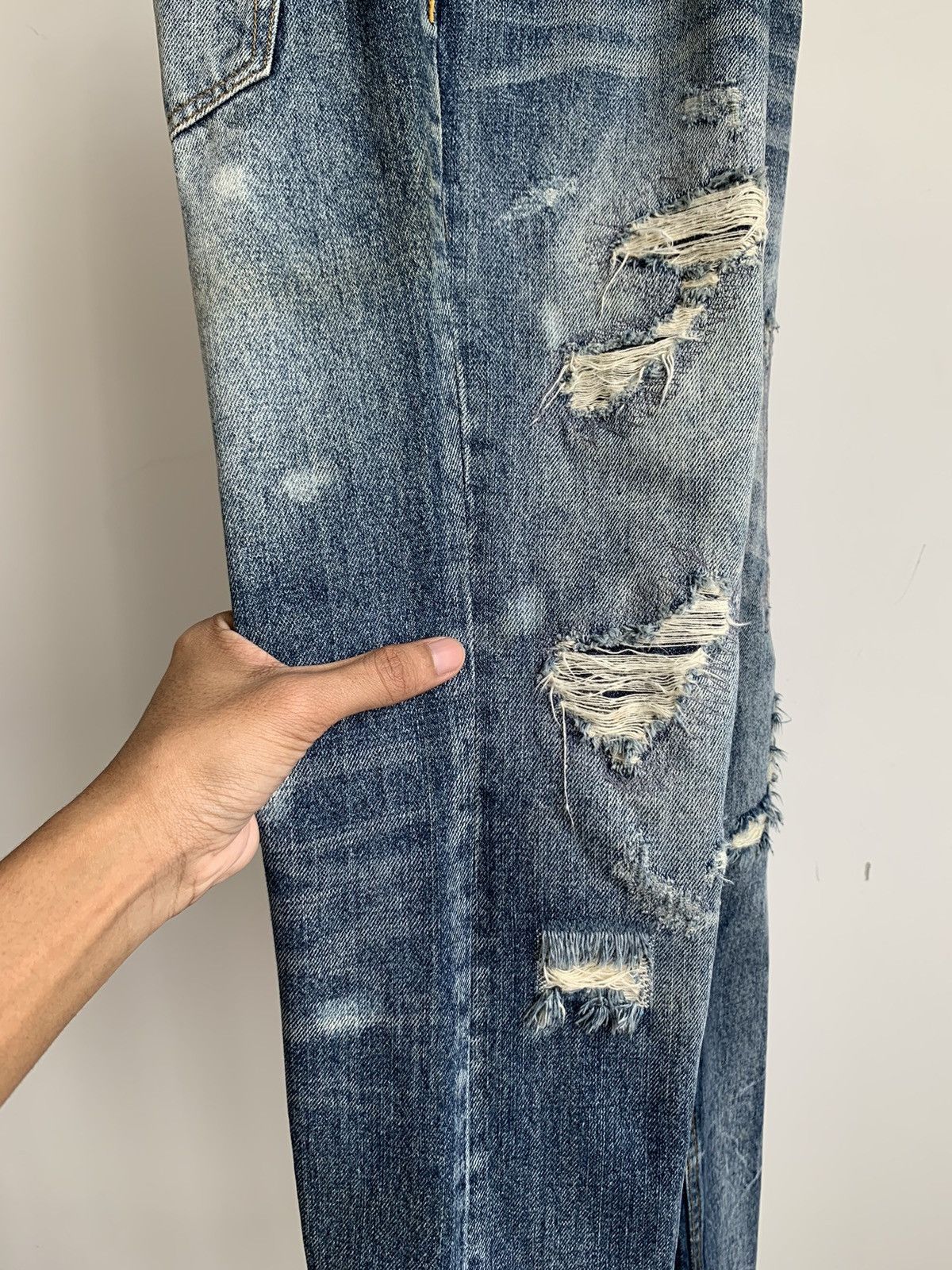 Japanese Brand Jackrose Crash Denim Flared Boot Cut Jeans Size US 31 - 14 Thumbnail