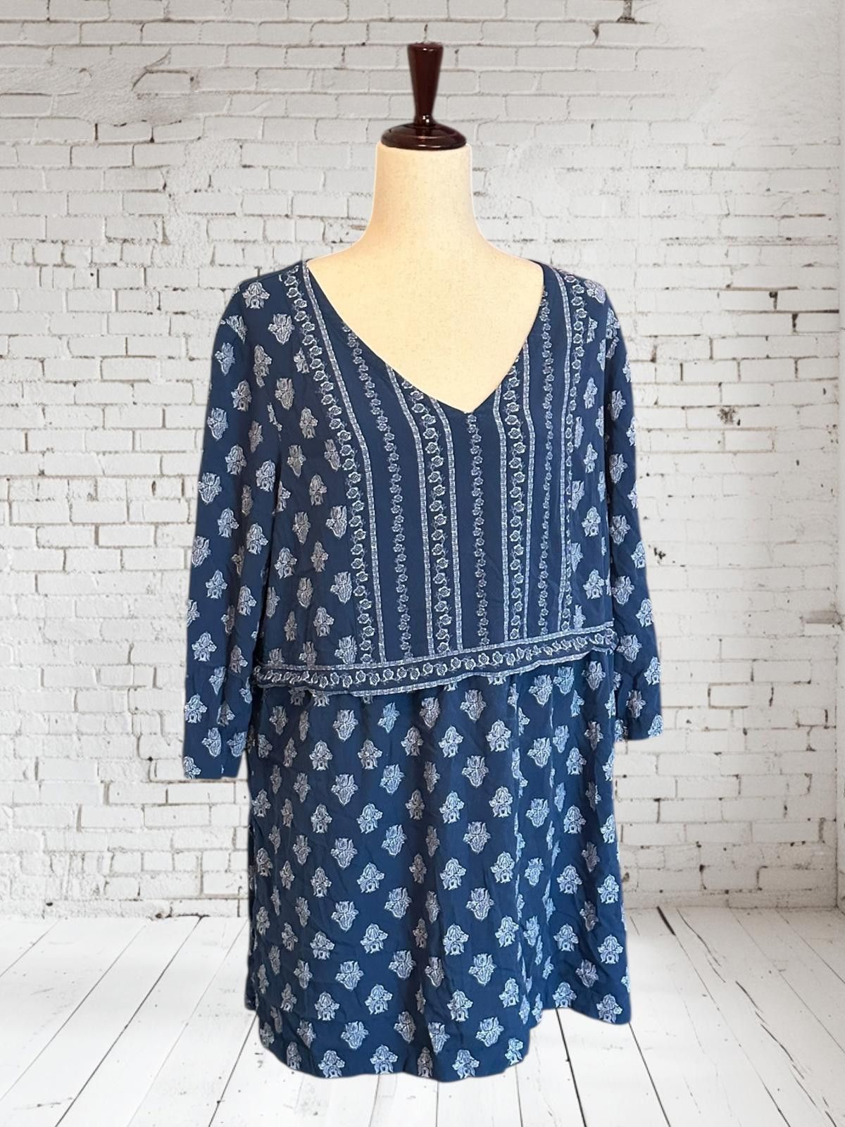 Unknown London J.Jill Blue Boho Rayon Tunic with White Pattern – Size L Size L / US 10 / IT 46 - 1 Thumbnail