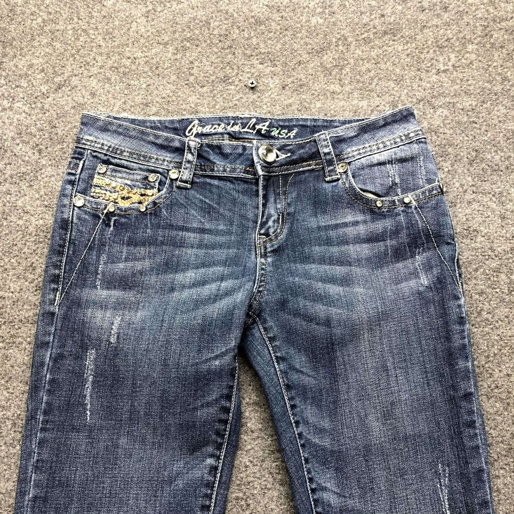 Grace in LA Grace In LA Y2K Jeans Juniors 7 Blue Bootcut Embroidered Rhinestone Distressed Denim Jeans Size 28" / US 6 / IT 42 - 5 Thumbnail