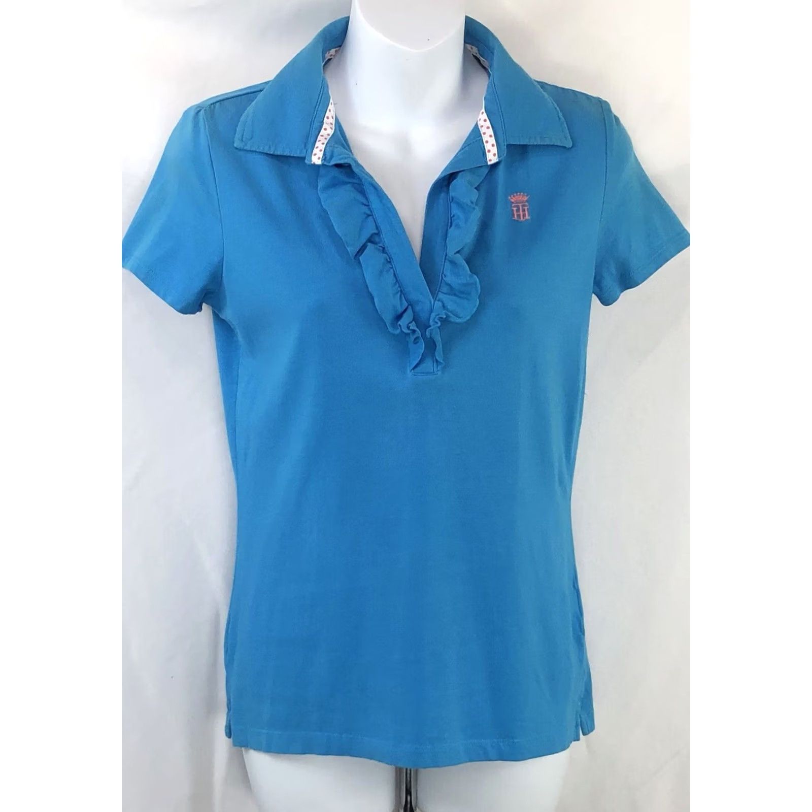 Tommy Hilfiger Vintage Tommy Hilfiger Polo Top XS Blue Ruffle V-Neck Short Sleeve Y2k 2000s Preppy Size XS / US 0-2 / IT 36-38 - 6 Thumbnail