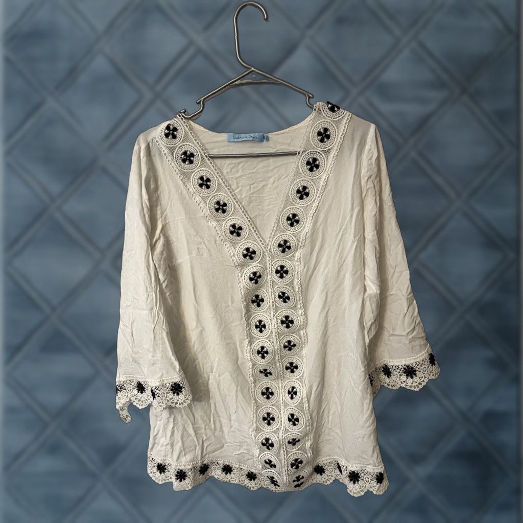 Vintage Solitaire Swim Women's White Modal Tunic Cover Up 3/4 Sleeve Size M Beach Bohemian Size M / US 6-8 / IT 42-44 - 1 Thumbnail