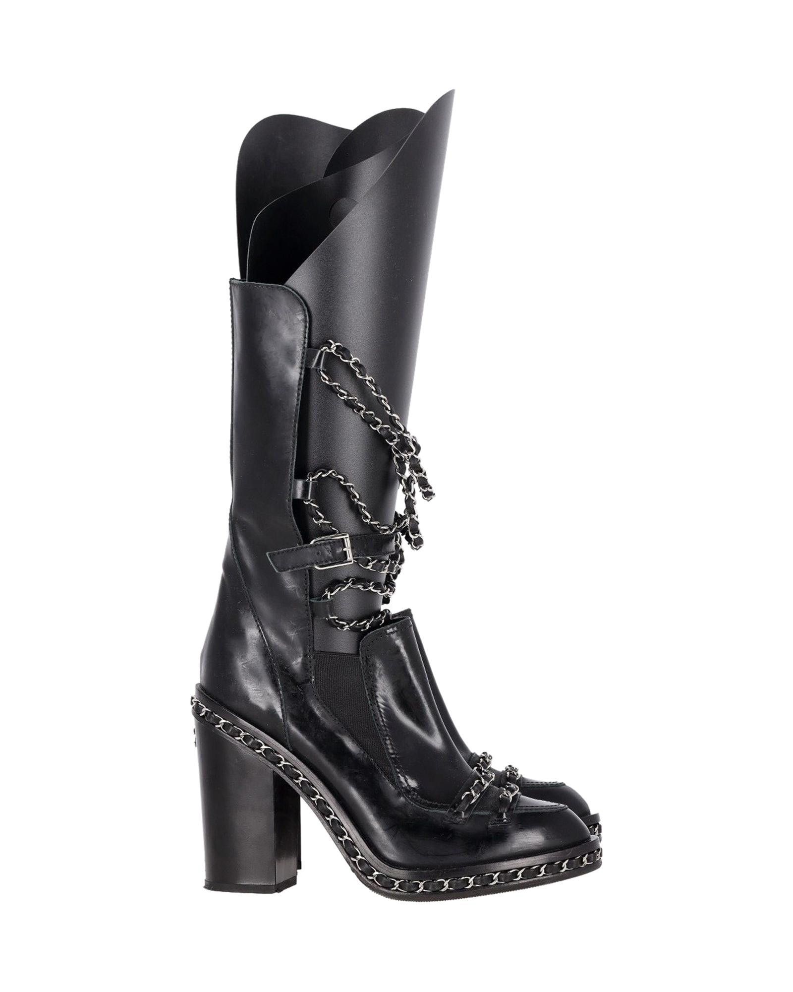 image of Black Glazed Leather Chain Block Heel Shoes Boots By Chanel, Women's (Size 8.5)