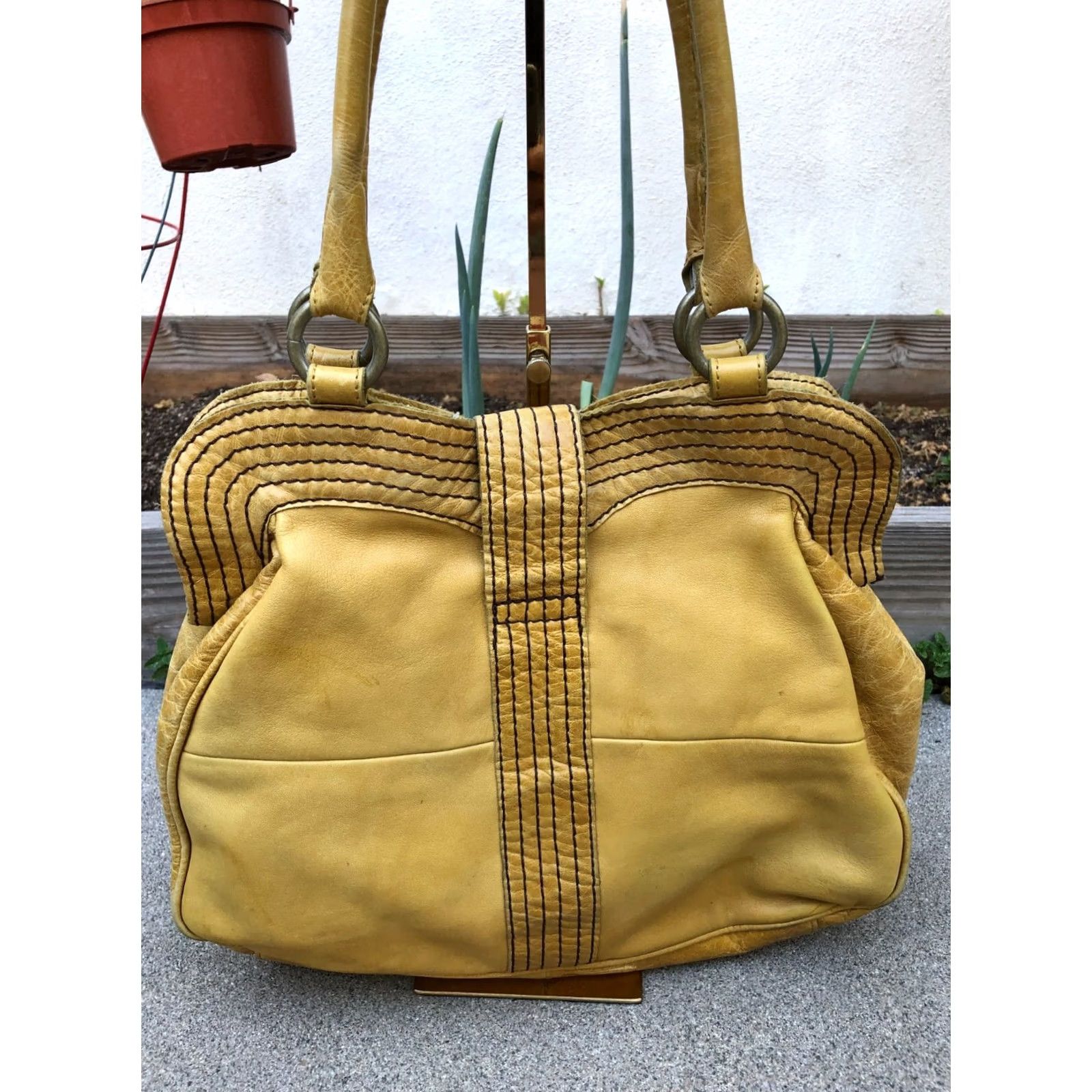 Anthropologie LUCKY PENNY ANTHROPOLOGIE Hobo Slouch Purse Women's Hand Bag Shoulder Yellow Bag Medium Yellow Satchel/Top Handle Bag Leather 15 W x 11 H x 5 D Womens Size ONE SIZE - 2 Thumbnail
