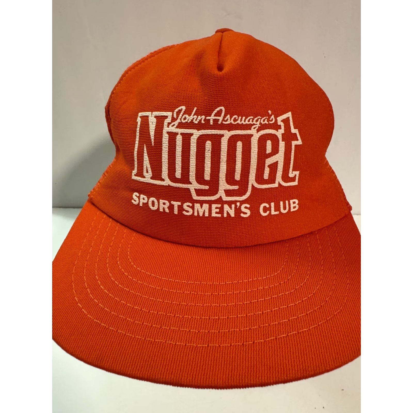 Vintage VINTAGE John Ascuaga's Nugget Sportsmens Club SnapBack Trucker Hat Made USA AdjustaBle Orange Mens 1980s 30th Anniversary New Old Stock Printed Logo Size ONE SIZE - 5 Thumbnail