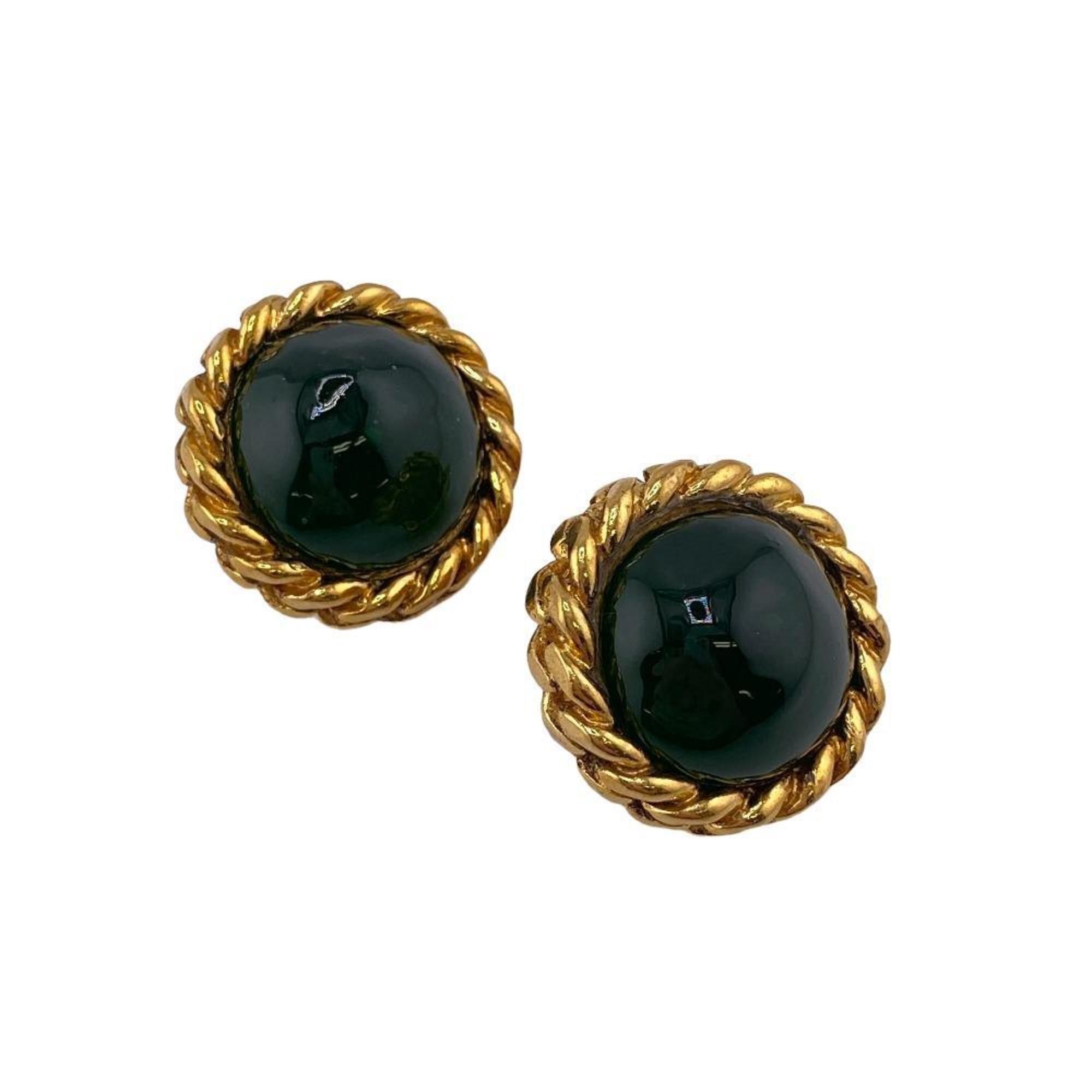 image of Chanel Gripore 2419 Colored Stone Earrings Green Men's Women's in Gold