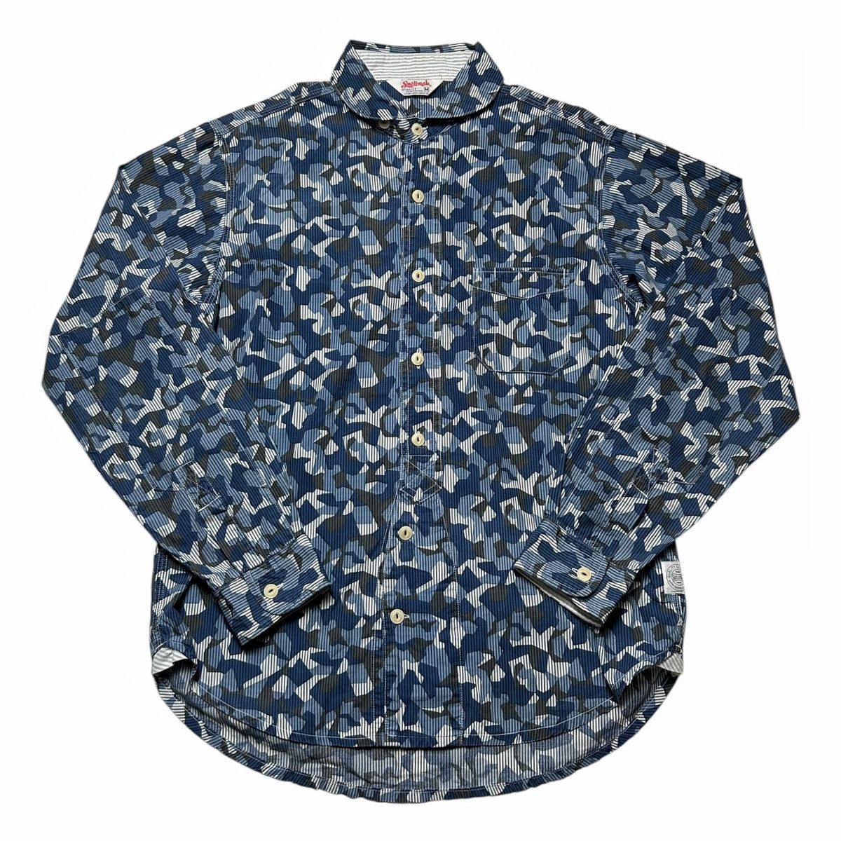 Japanese Brand Swellmob Shawl Collar Blue Seamless Camouflage Work Shirt Size US M / EU 48-50 / 2 - 1 Thumbnail